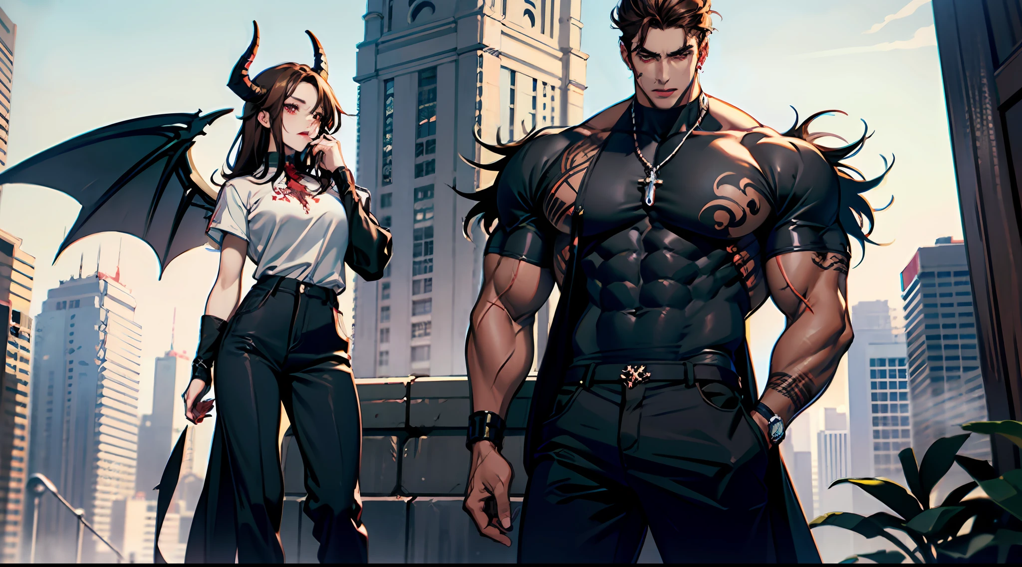 stand alone, Man sitting on porch, muscular, shirt, topless, big boobs, woman's breasts, brown hair, red eyes, winged, black way, overcast background, horned, devilish, perfect, highly detailed , detailed hand , Serious facial expression, swollen pants, arm tattoo, blood tattoo, 1 hand behind, licking lips, 1 hand touching chest, full body photo, tall , young, sexy, scary, gloomy ,