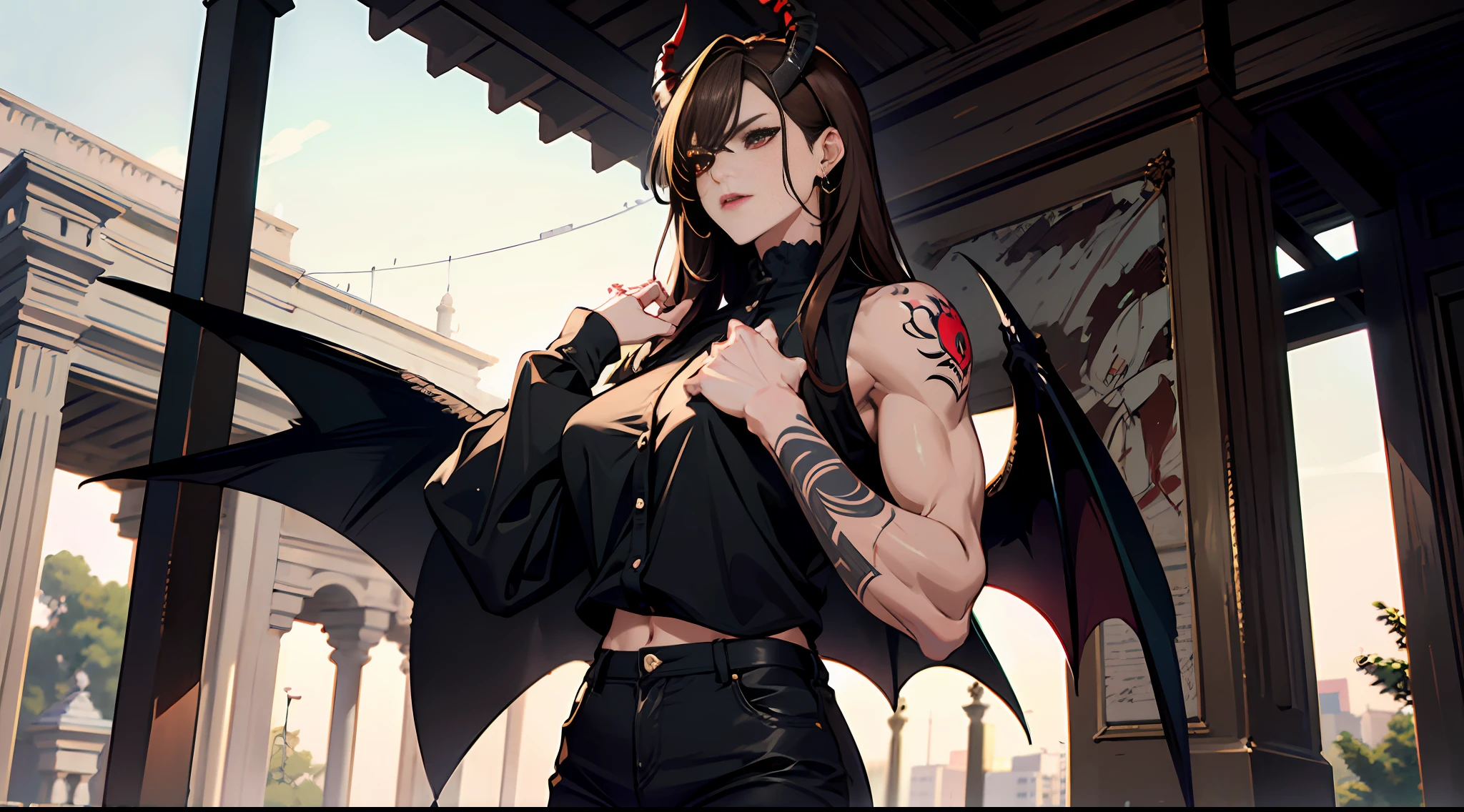 High Quality, 8k, Man sitting on porch, muscular, shirt, topless, big boobs, woman's breasts, brown hair, red eyes, winged, black way, overcast background, horned, devilish, perfect, highly detailed , detailed hand , Serious facial expression, swollen pants, arm tattoo, blood tattoo, 1 hand behind, licking lips, 1 hand touching chest, full body photo, tall , young, sexy, scary, gloomy ,Standing alone, not standing with anyone, big body,