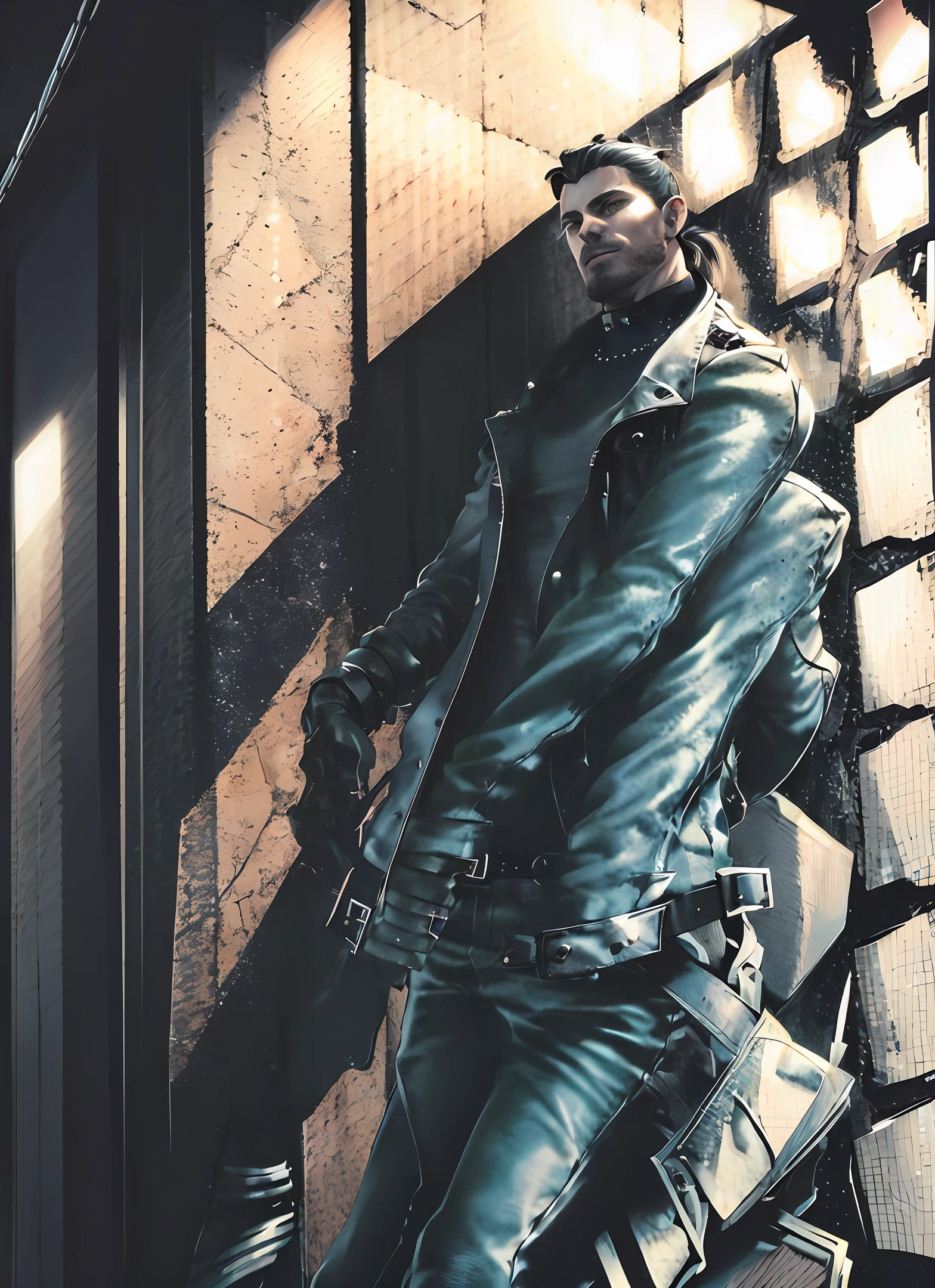 An exquisitely detailed male vampire with mesmerizing steel grey eyes, sultry black mane in a ponytail, elegant black leather jacket and jeans and a daring studded choker that accentuates his alluring yet dangerous persona.