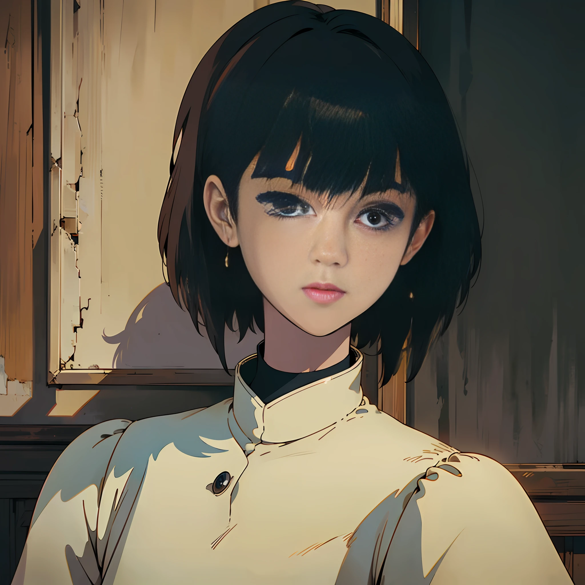 High cold eyes, black hair, stud earrings, (extremely detailed CG unity 8k wallpaper, masterpiece, best quality, excellent detail), (high saturation, best shadows, best light, extremely delicate bleaching) vintage, short hair, side face, female, upper body, dark background