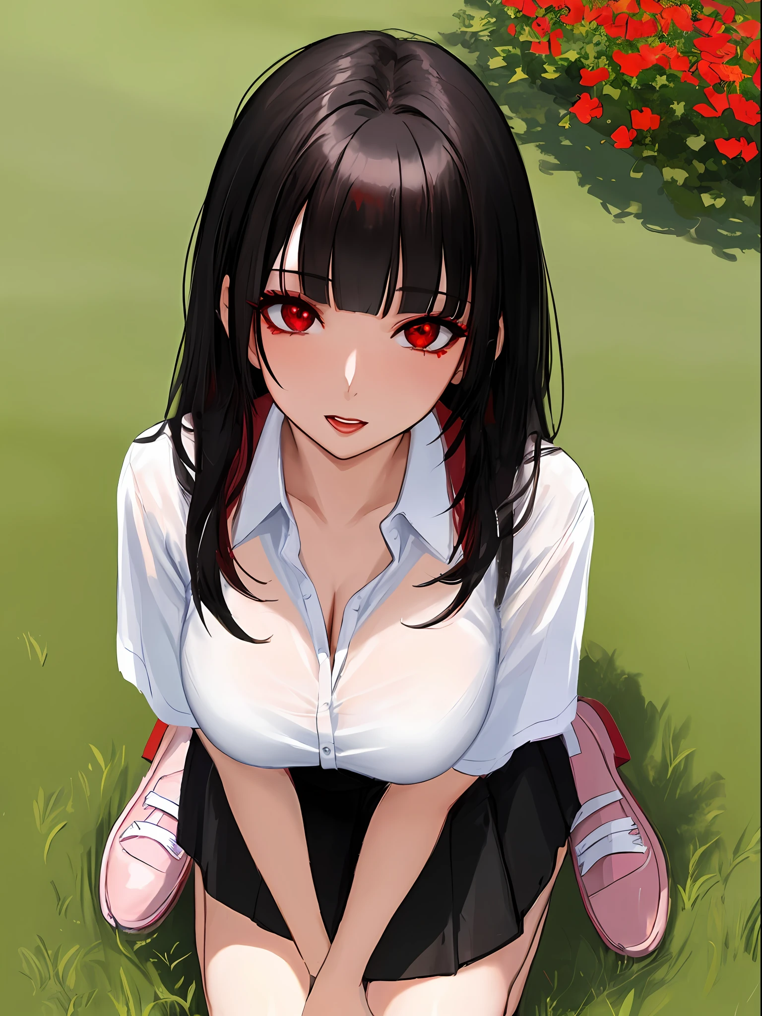 overhead, masterpiece, a beauty woman looking up, black hair, red eyes, medium hair, blunt bangs, ahegao face, she is kneeling in the grass, neckline shirt, skirt, shadow detailed, eyes and face detailed, day background