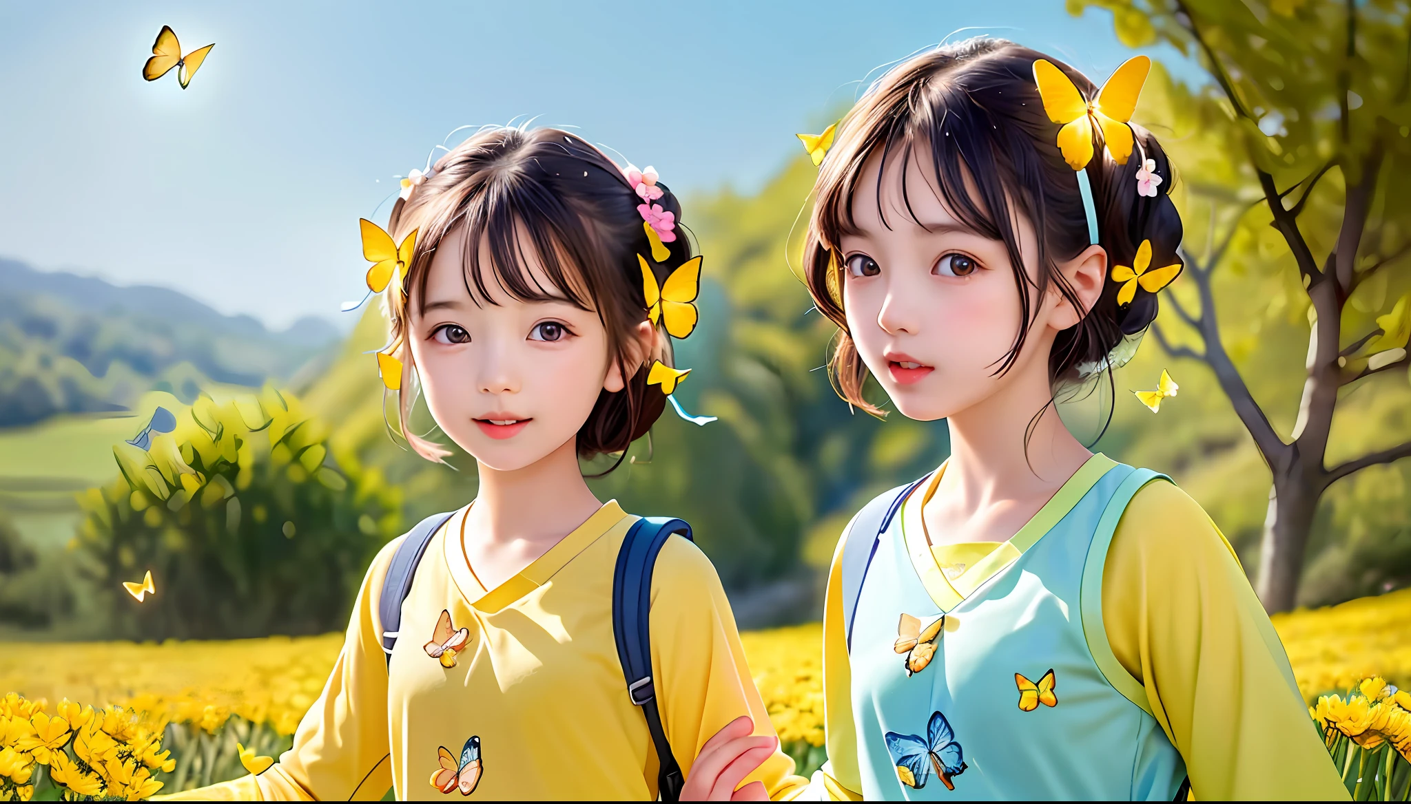 Two girls with backpacks holding hands on a spring swim in the countryside, surrounded by beautiful yellow flowers and nature. The illustration is a high-definition illustration in 4K resolution with very detailed facial features and cartoon-style visuals, (butterfly dance), two girls in the same shot