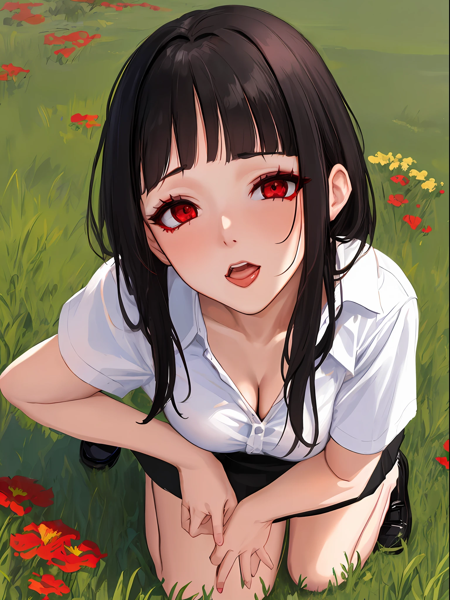 overhead, masterpiece, a beauty woman looking up, black hair, red eyes, medium hair, blunt bangs, ahegao face, she is kneeling in the grass, neckline shirt, skirt, shadow detailed, eyes and face detailed, day background