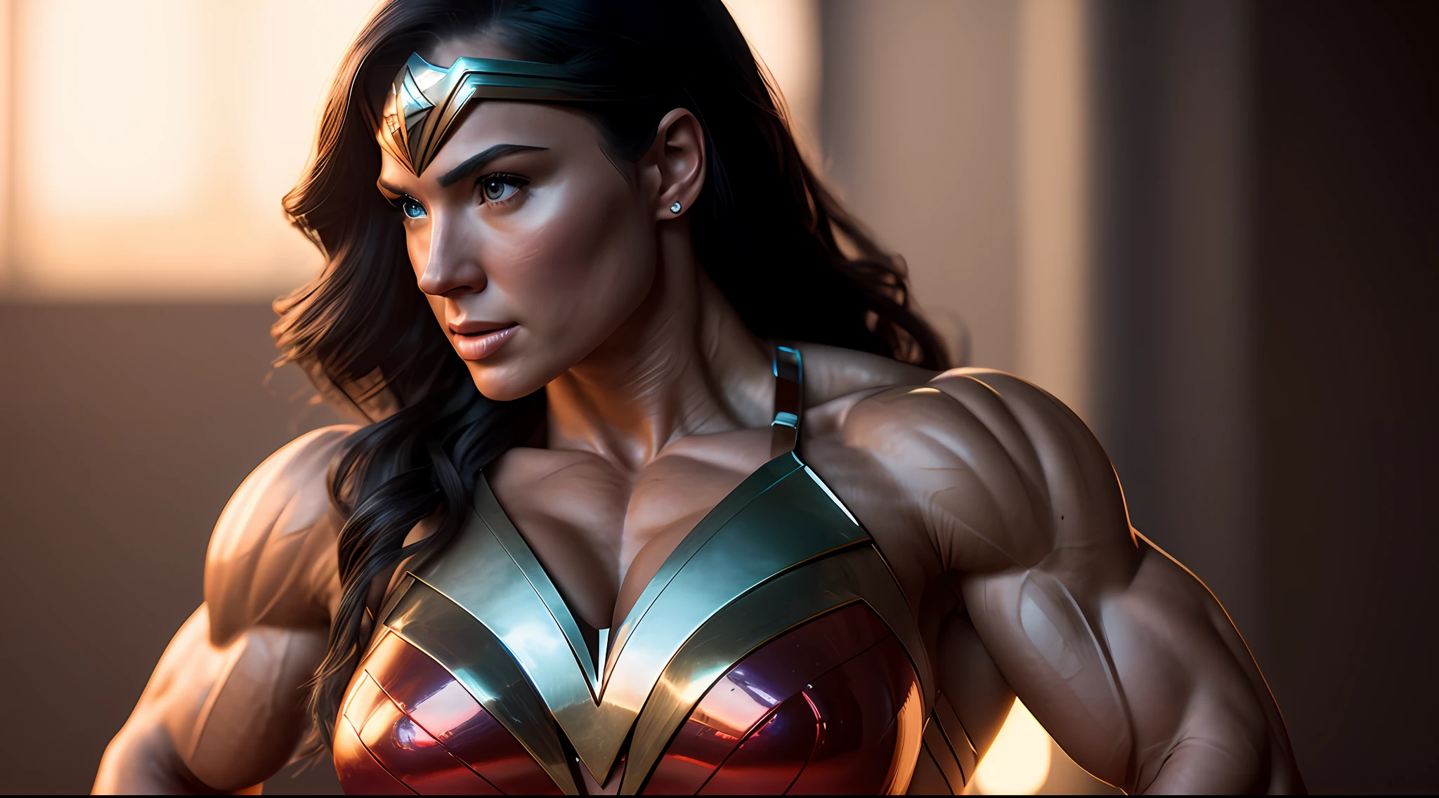 Cinematic soft lighting illuminates a stunningly detailed and ultra-realistic Wonder Woman bodybuilder, muscular, red and blue armor that is trending on ArtStation. Octane is the perfect tool to capture the softest details of this 16k photography masterpiece