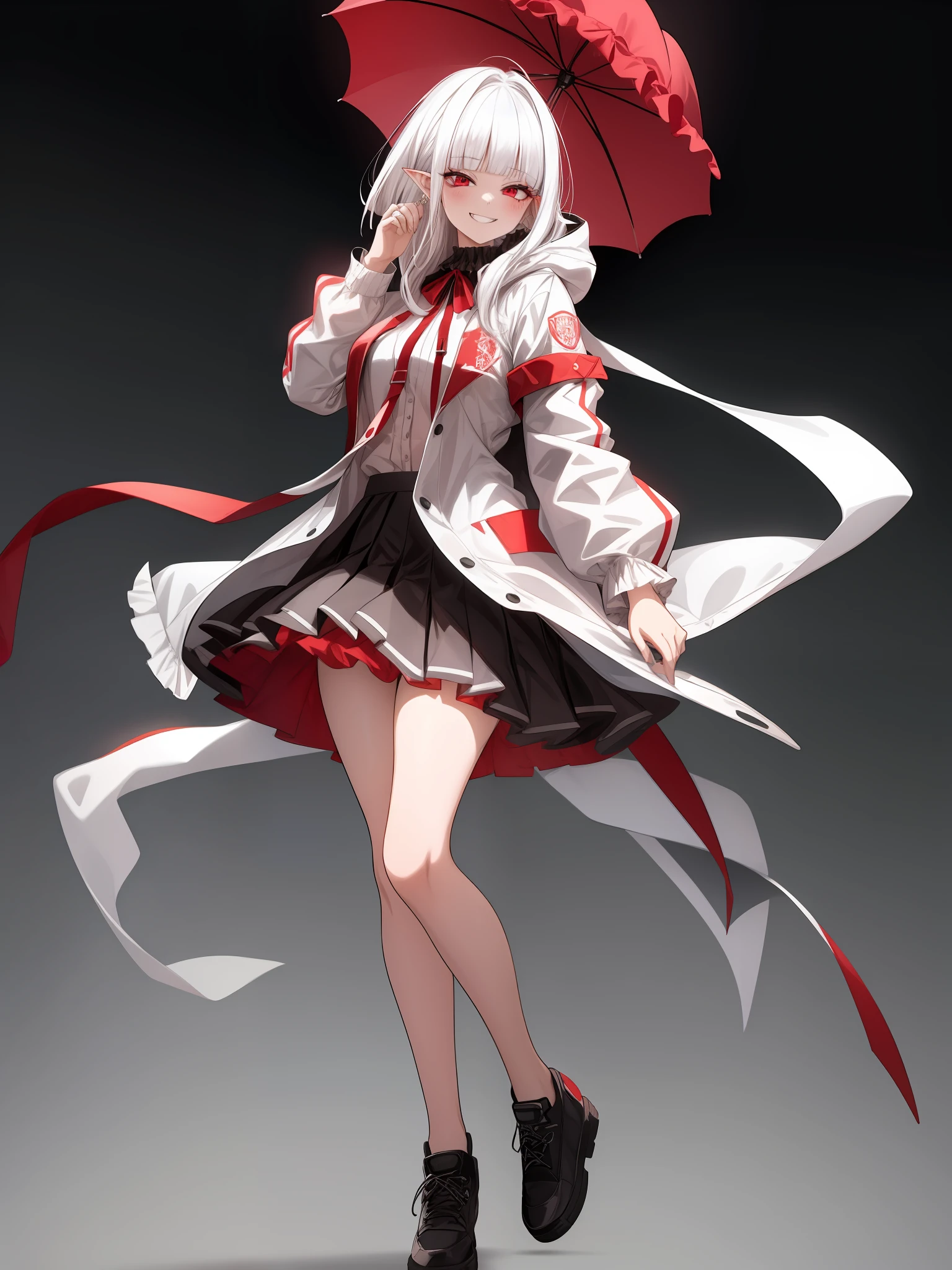 1girl, white hair, bangs, blunt bangs, vampire, frilled skirt, red windbreaker, modern windbreaker, modern, modern outfit, Columbia Women's Switchback III Jacket, hood down, pointy ears, looking at viewer, smile, solo, amused expression, smug, thigh-highs, red eyes, full body, simple background, white background, anime, (((modern day))), reference sheet, UHD, best quality
