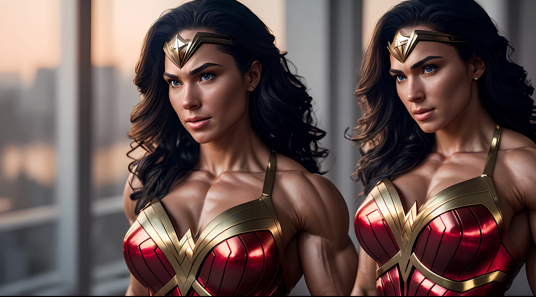 Cinematic soft lighting illuminates a stunningly detailed and ultra-realistic Wonder Woman bodybuilder, muscular, red and blue armor that is trending on ArtStation. Octane is the perfect tool to capture the softest details of this 16k photography masterpiece
