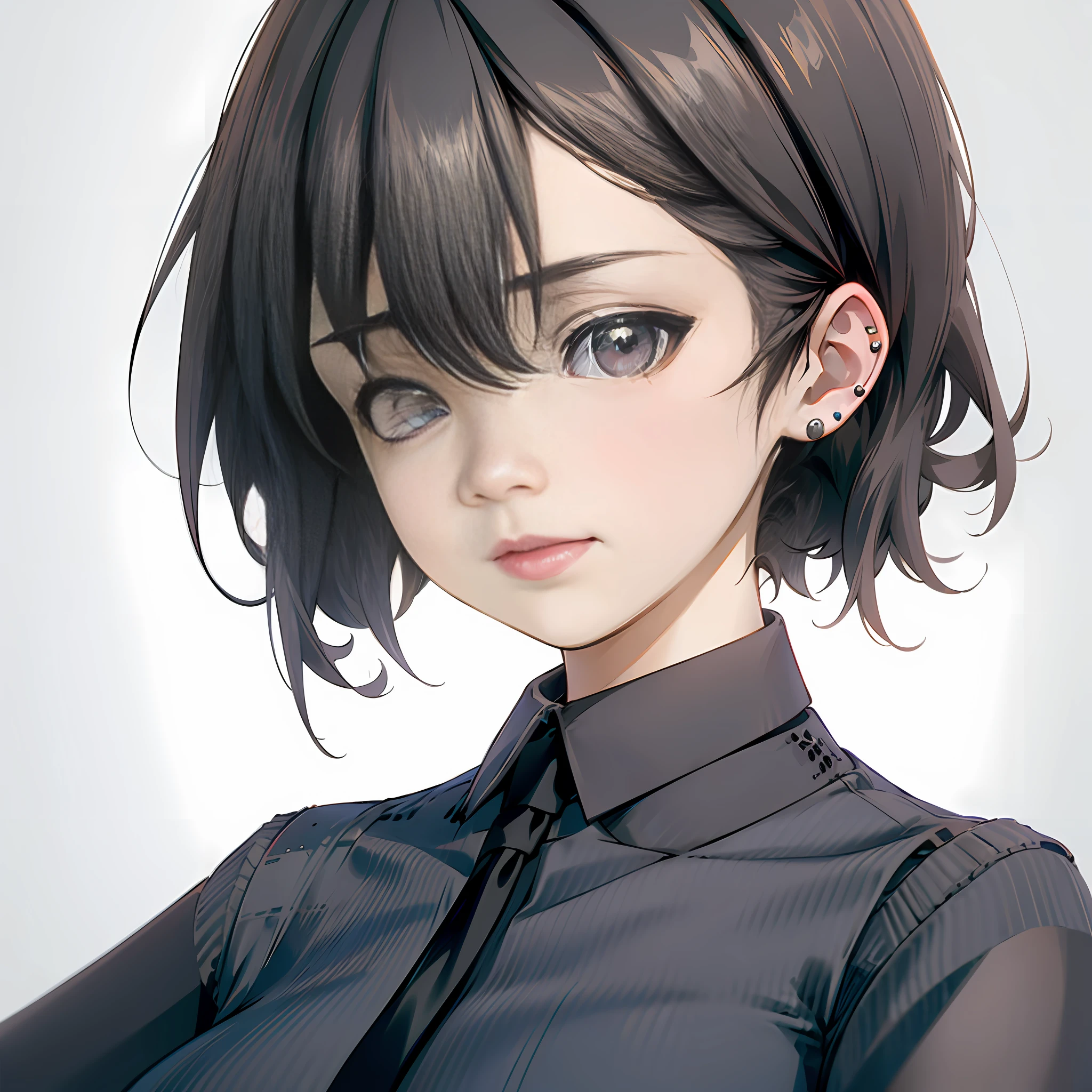 High cold eyes, black hair, stud earrings, (extremely detailed CG unity 8k wallpaper, masterpiece, best quality, excellent detail), (high saturation, best shadows, best light, extremely delicate bleaching) vintage, short hair, side face, female, upper body, dark background