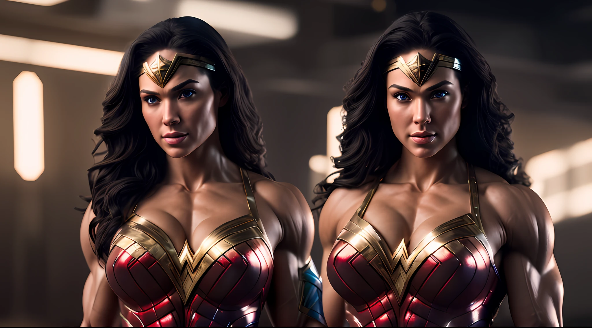 Cinematic soft lighting illuminates a stunningly detailed and ultra-realistic Wonder Woman bodybuilder, muscular, red and blue armor that is trending on ArtStation. Octane is the perfect tool to capture the softest details of this 16k photography masterpiece