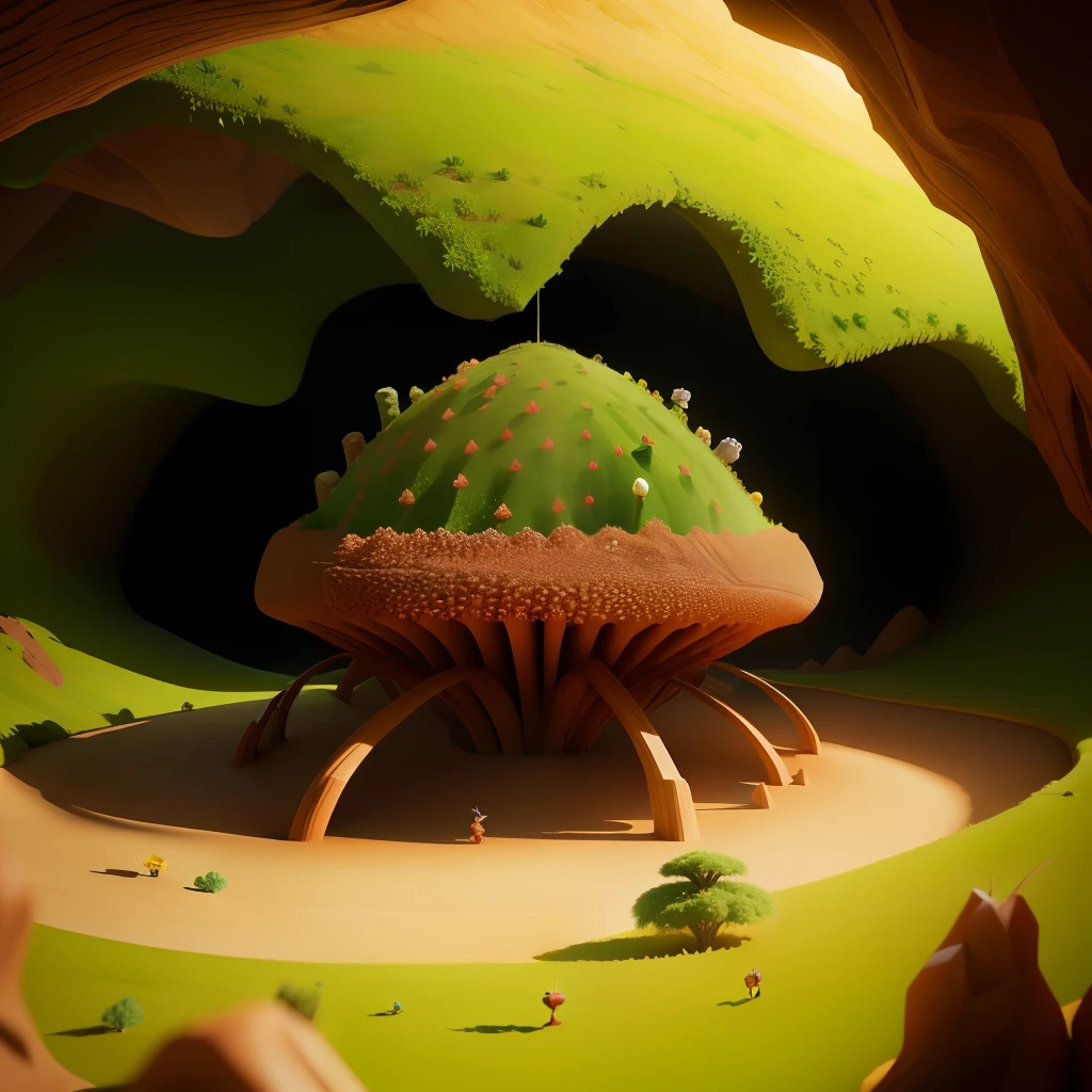 an anthill made from cherry fruits cave design,animation,3D,upscales