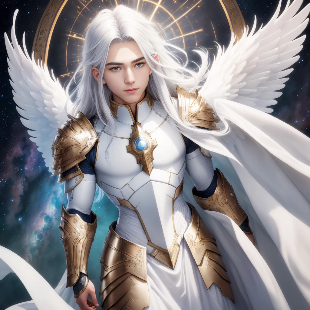 RAW photo, a male angel portrait with armor and a gleaming sword in the right hand, gleaming white long haircut, vibrant brown eyes, fair skin, full body, celestial background (highly detailed skin: 1.2, highly detailed eyes: 1.2), 8k uhd, dslr, spot lighting, high quality, grain film, Fujifilm XT3