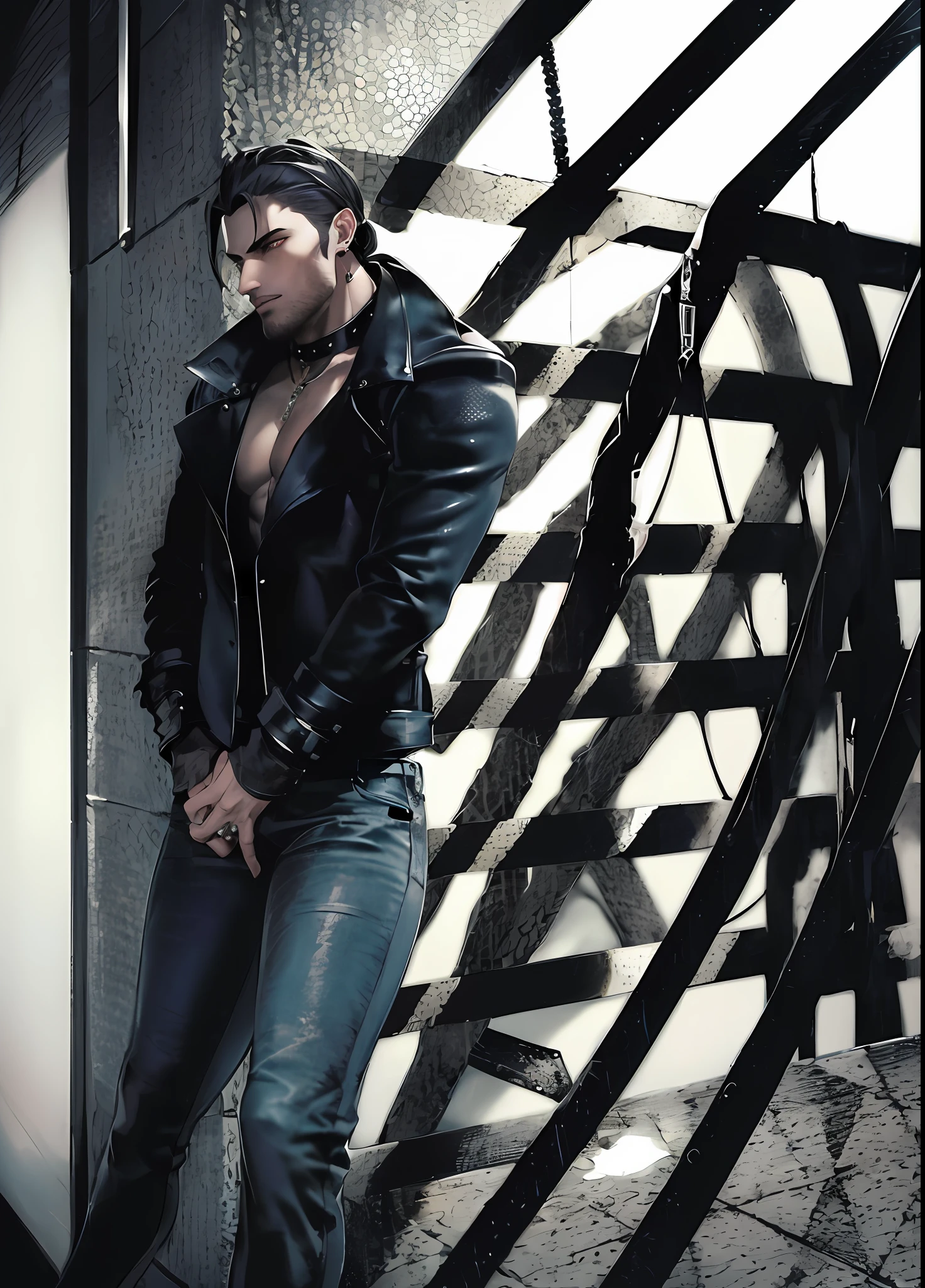 An exquisitely detailed male vampire with mesmerizing steel grey eyes, sultry long black mane in a ponytail, elegant black leather jacket and jeans and a daring studded choker that accentuates his alluring yet dangerous persona.