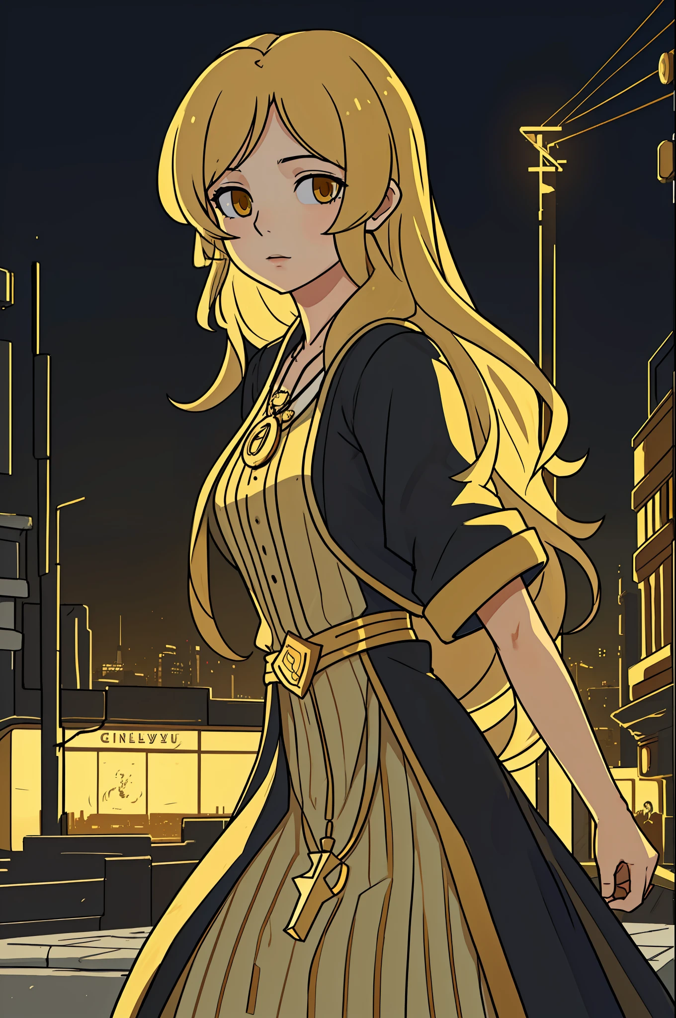 a waist-high portrait of a blonde girl in an ordinary dress, long wavy striped golden hair, golden eyes, pendant, modern clothes, highly detailed and intricate film composition, cinematic lighting, hyper detailed, (MMORPG city background),