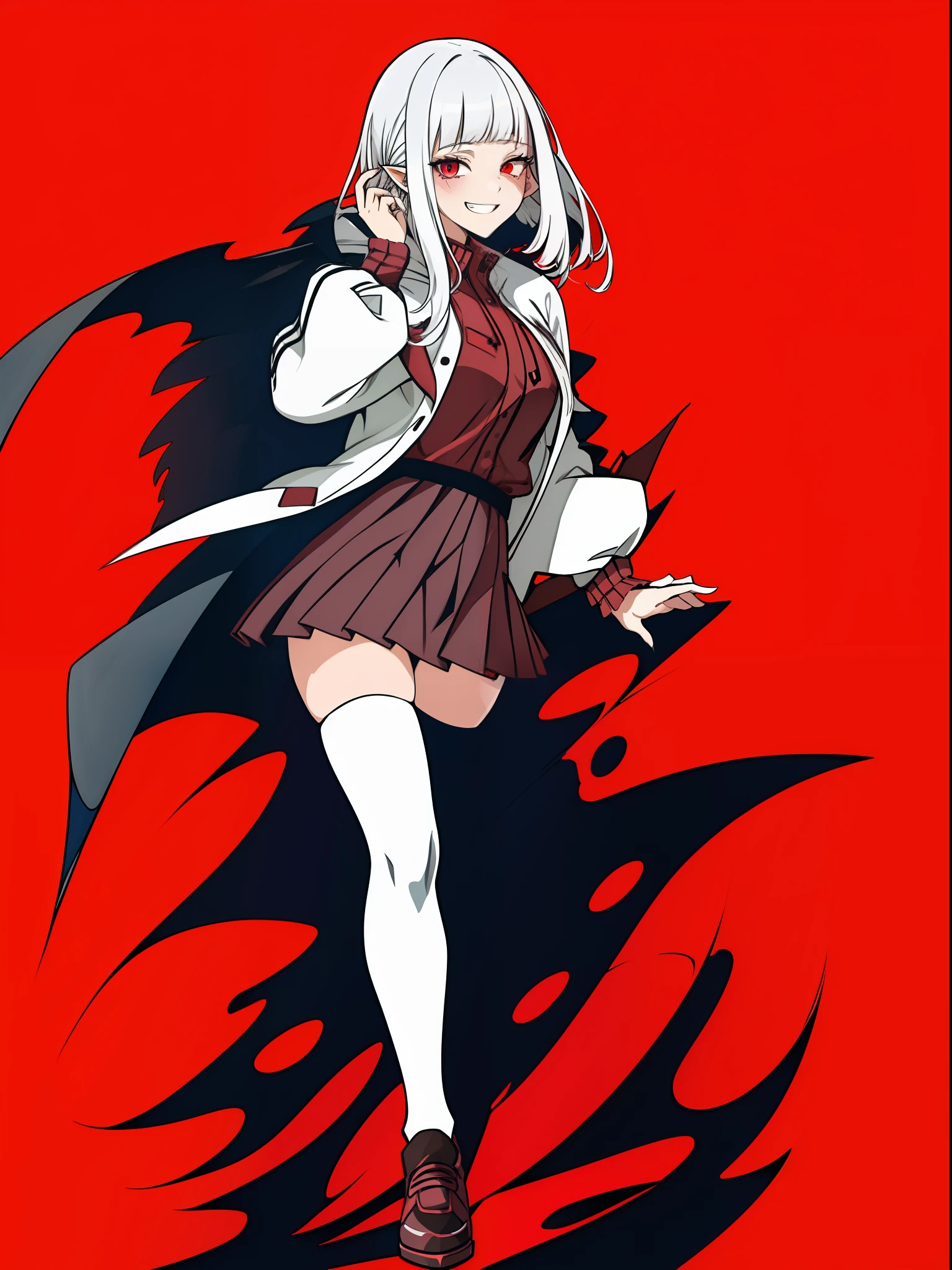 1girl, white hair, bangs, blunt bangs, vampire, frilled skirt, red windbreaker, modern windbreaker, modern, modern outfit, Columbia Women's Switchback III Jacket, hood down, pointy ears, looking at viewer, smile, solo, amused expression, smug, thigh-highs, red eyes, full body, simple background, white background, anime, (((modern day))), reference sheet, UHD, best quality