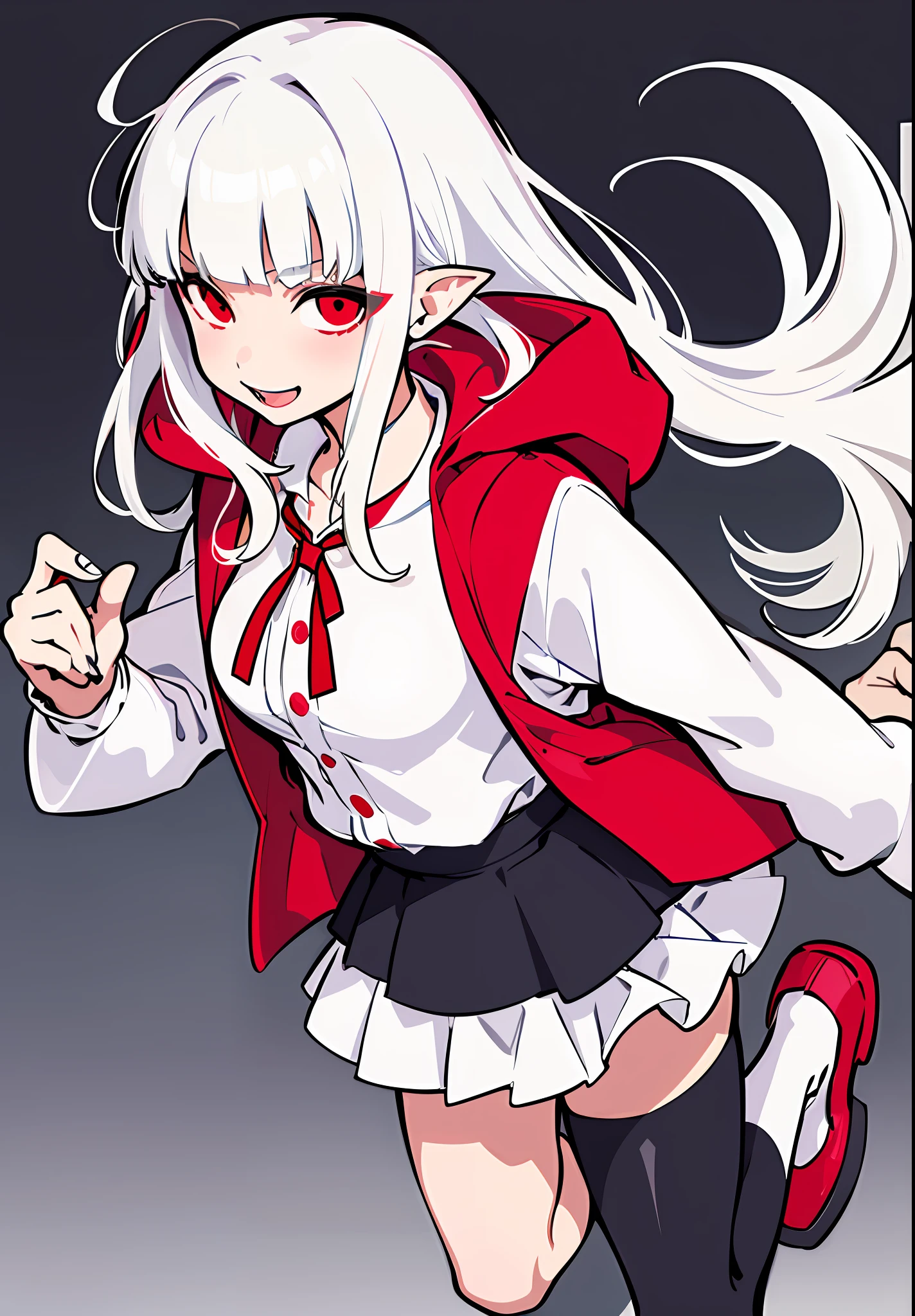 1girl, white hair, bangs, blunt bangs, vampire, frilled skirt, red windbreaker, modern windbreaker, modern, modern outfit, Columbia Women's Switchback III Jacket, hood down, pointy ears, looking at viewer, smile, solo, amused expression, smug, thigh-highs, red eyes, full body, simple background, white background, anime, (((modern day))), reference sheet, UHD, best quality