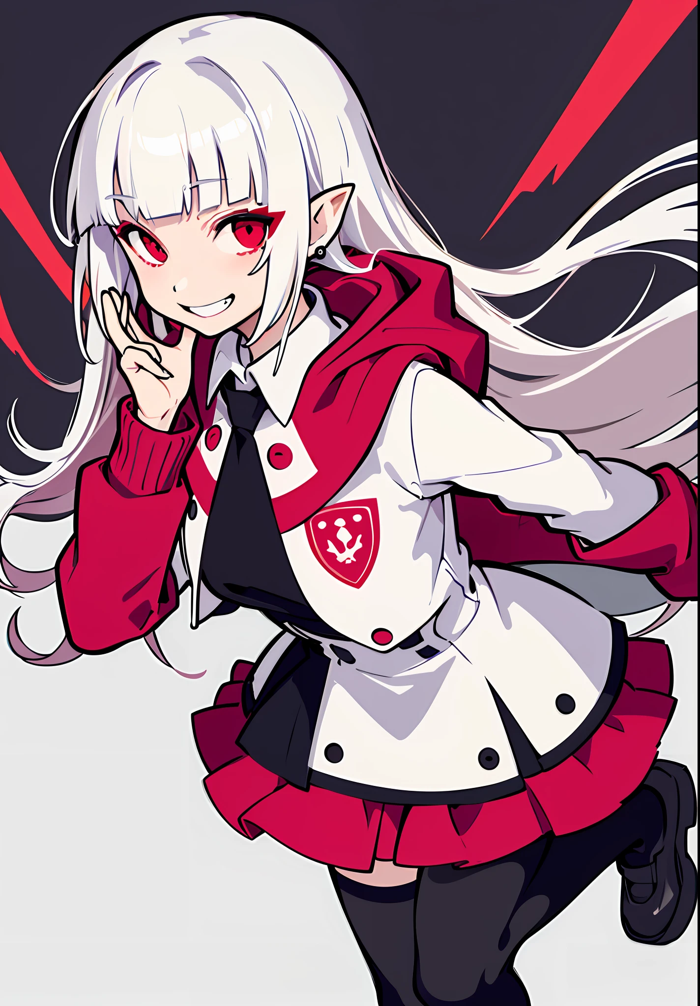 1girl, white hair, bangs, blunt bangs, vampire, frilled skirt, red windbreaker, modern windbreaker, modern, modern outfit, Columbia Women's Switchback III Jacket, hood down, pointy ears, looking at viewer, smile, solo, amused expression, smug, thigh-highs, red eyes, full body, simple background, white background, anime, (((modern day))), reference sheet, UHD, best quality
