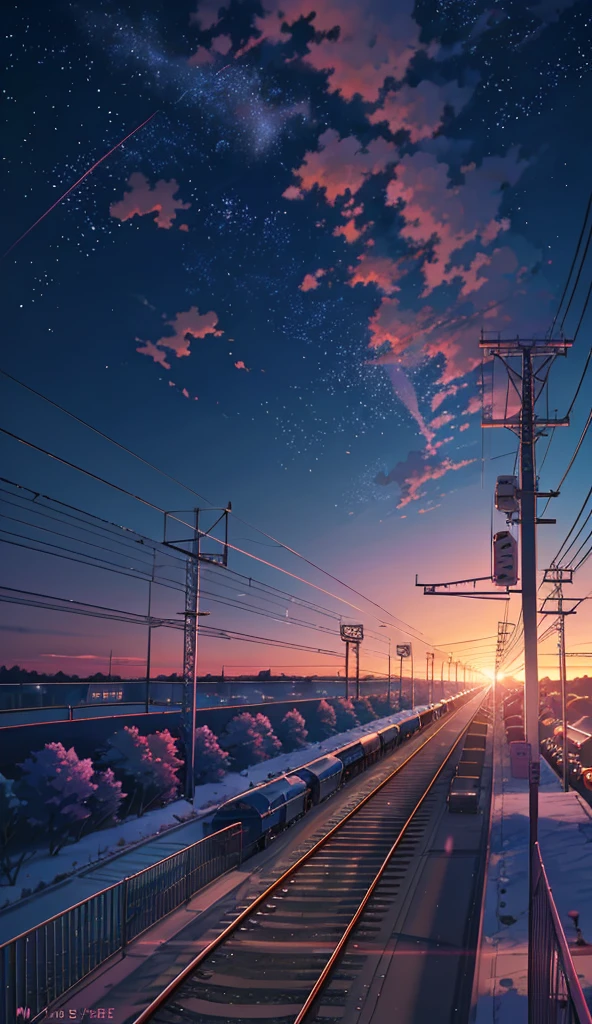 anime scene of a train passing under a pink and purple sky, an anime drawing by Makoto Shinkai, trending on pixiv, magical realism, beautiful anime scene, cosmic skies. by makoto shinkai, ( ( makoto shinkai ) ), by makoto shinkai, anime background art, style of makoto shinkai