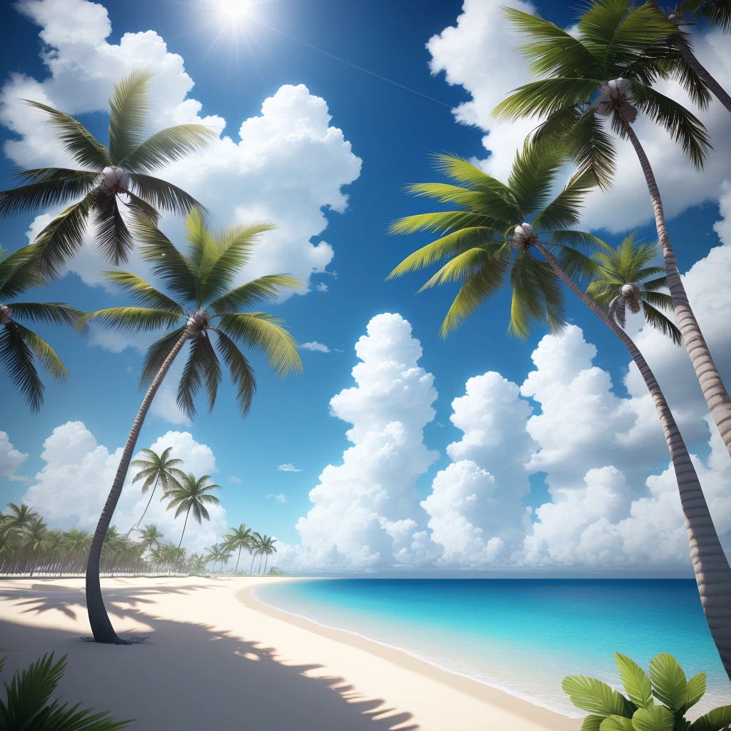 Blue sky and white clouds, white sand, sea, several palm trees in the distance, bright sun, ray tracing, best light, best quality, super detailed, C4D, very detailed CG Unity 4K wallpaper