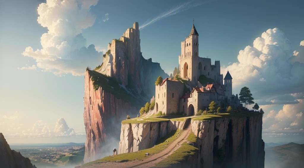 (((8k, RAW photo, best quality, masterpiece:1.4)))), ultra high resolution, ultra-detailed, illustration, medieval explorer, (man on cliff:1.2), small medieval town in the distance, landscape, warped clouds, well made sky, medieval kingdom, townscape, imagining, outdoors, background only, (back view:1.2)