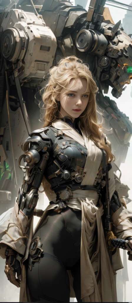 Masterpiece, Best Quality, Film, Official Art, Propaganda Art, Movie Wallpaper, Very Detailed CG Unified 4k Wallpaper, Intricate Details, White Background, Upper Body, Facial Focus, Concept Art, Production Art, ( , Highres, (realistic, photo-realistic:1.2), physically-based rendering, machinery, reflection, realistic, cyberpunk, symmetric front view close up head shot eyes symmetry face very sharp focus realistic award winning matte drawing movie light 1 boy, mecha, (Illustration: 1.1), slim, fair skin, delicate face, king robe, shine, tights, (long blonde hair), green eyes, battlefield, chip, shine, sword