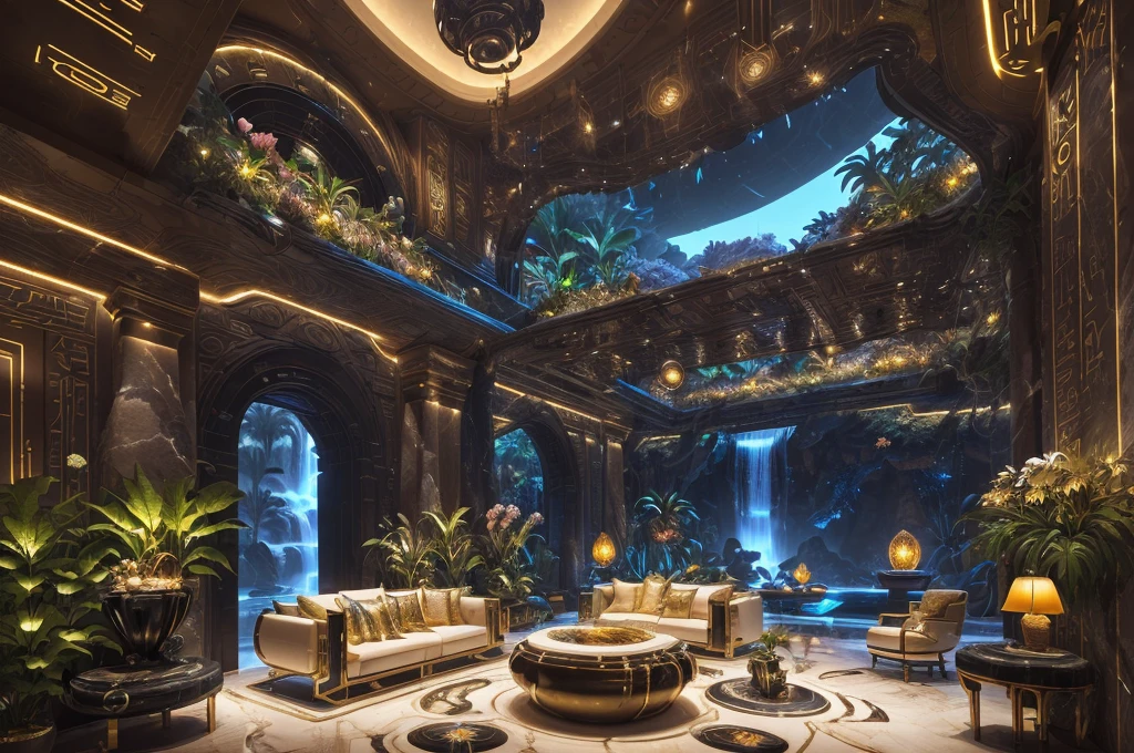incredible luxurious futuristic interior in Ancient Egyptian style with many (((lush plants, gorgeous flowers))), (lotus flowers), ((palm trees)), rocky walls, ((sand)), ((waterfalls)) (marble), ((precious minerals)), ((metals)), (gemstones), crystals, clouds and ((water)), ((curvy luxury furniture)), crocodiles, (hieroglyphics), (((ultra luxury))), (black marble) – with ((beautiful lights)), Unreal Engine, HQ, 16k