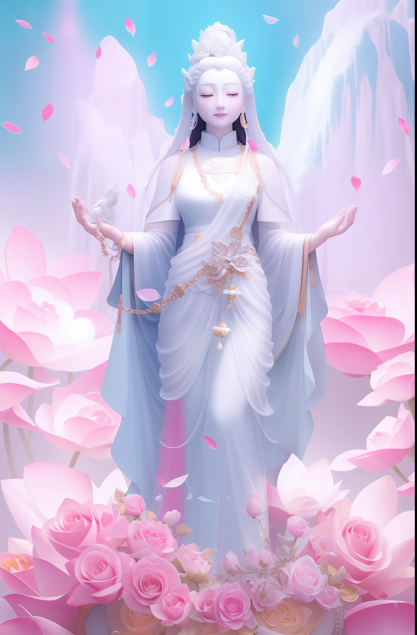 Guanyin standing on a lotus seat, Guanyin Bodhisattva, Guanyin Bodhisattva, white as jade, rose red, many roses, waterfall like snowy mountains, pouring, light, sparkling, super high detail, real photo, intricate detail, perfect composition, beautiful details complex, 8 k HD