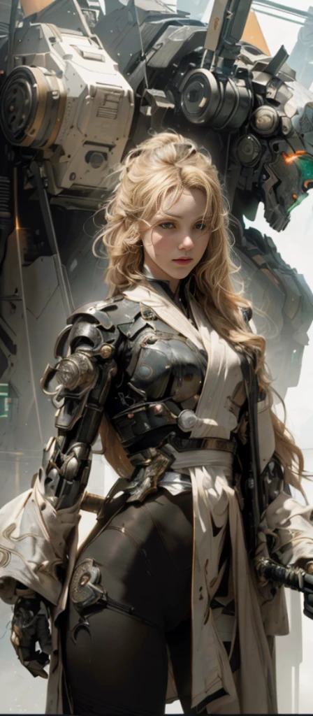Masterpiece, Best Quality, Film, Official Art, Propaganda Art, Movie Wallpaper, Very Detailed CG Unified 4k Wallpaper, Intricate Details, White Background, Upper Body, Facial Focus, Concept Art, Production Art, ( , Highres, (realistic, photo-realistic:1.2), physically-based rendering, machinery, reflection, realistic, cyberpunk, symmetric front view close up head shot eyes symmetry face very sharp focus realistic award winning matte drawing movie light 1 boy, mecha, (Illustration: 1.1), slim, fair skin, delicate face, king robe, shine, tights, (long blonde hair), green eyes, battlefield, chip, shine, sword