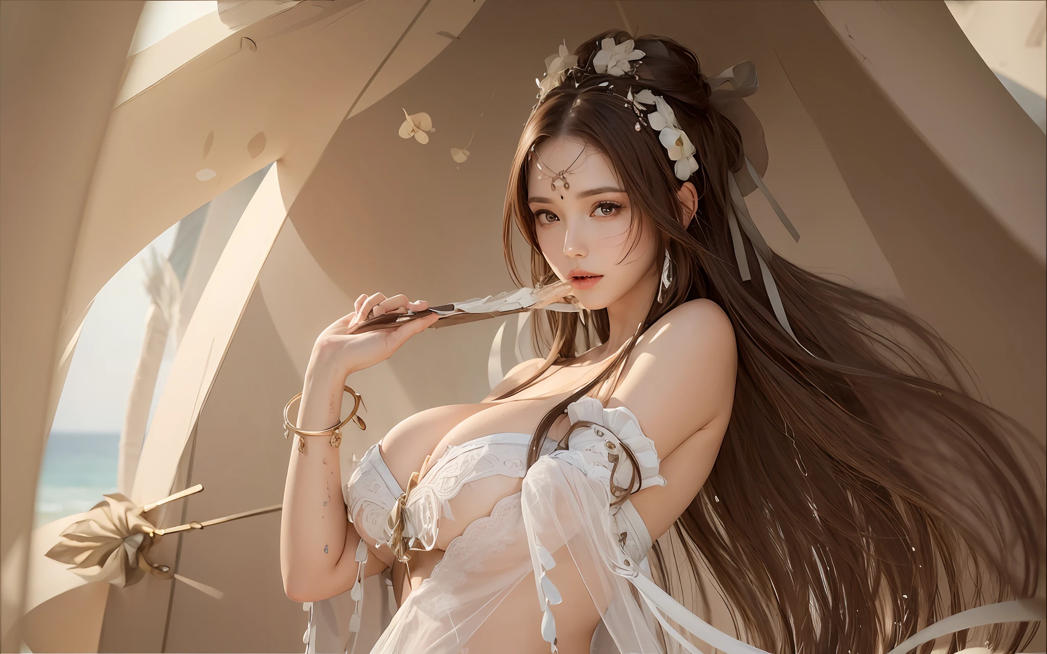 ((Best quality, 8k, Masterpiece :1.3)), A pretty woman with perfect figure :1.4, Slender abs :1.3,white lace, ((Dark brown hair, Big breasts :1.2)), Summer outfit, Lying on hammock, Hammock, At the beach:1.2, Highly detailed face and skin texture, Detailed eyes, Double eyelid, upskirt:1.5, underboob:1.5