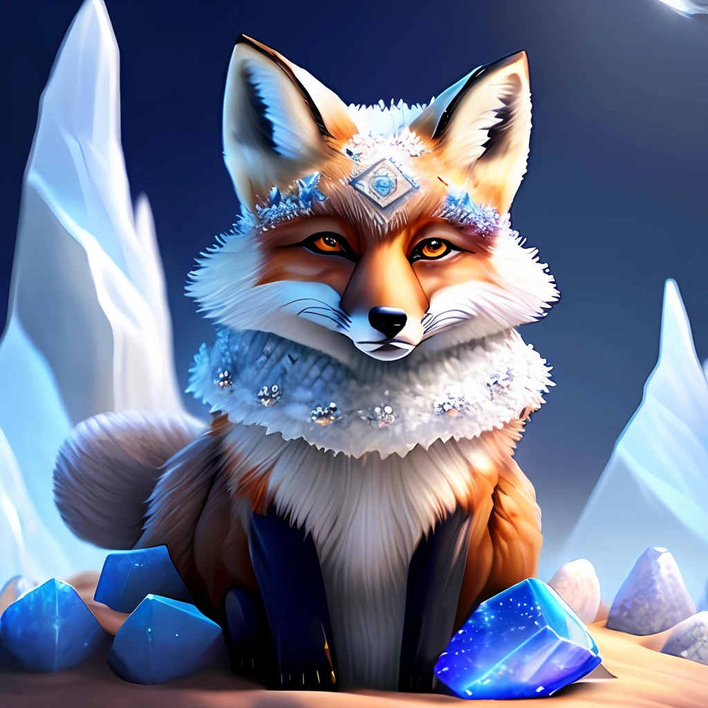 A fox of large crystals and stones lies on a muroveynik around sand and sparks, all in white, blue colors. Realistic style, cute style. Detail the picture.