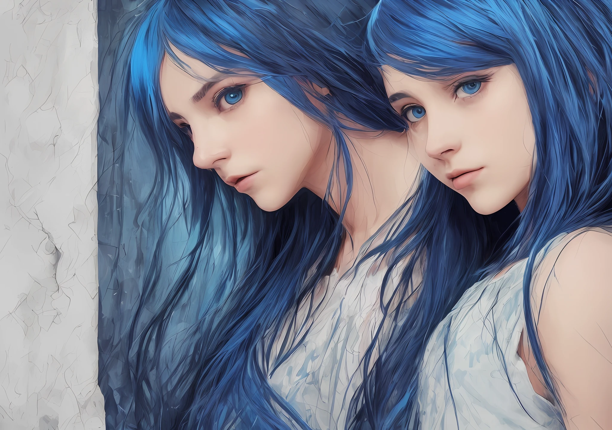 A cover with a background in deep blue tones, which conveys a sense of mystery and emotion. In the center of the cover, you can represent the two protagonists of the story. One of them, the blue-haired girl, might be looking out at the horizon or through a window, with an expression that reflects both her latent rage and vulnerability. The other girl, the author of the anonymous notes, could be looking at her from a slightly different angle, with a look full of complicity and affection.
You can add symbolic elements that represent correspondence through notes, such as crumpled paper, envelopes or letters flying around the girls.