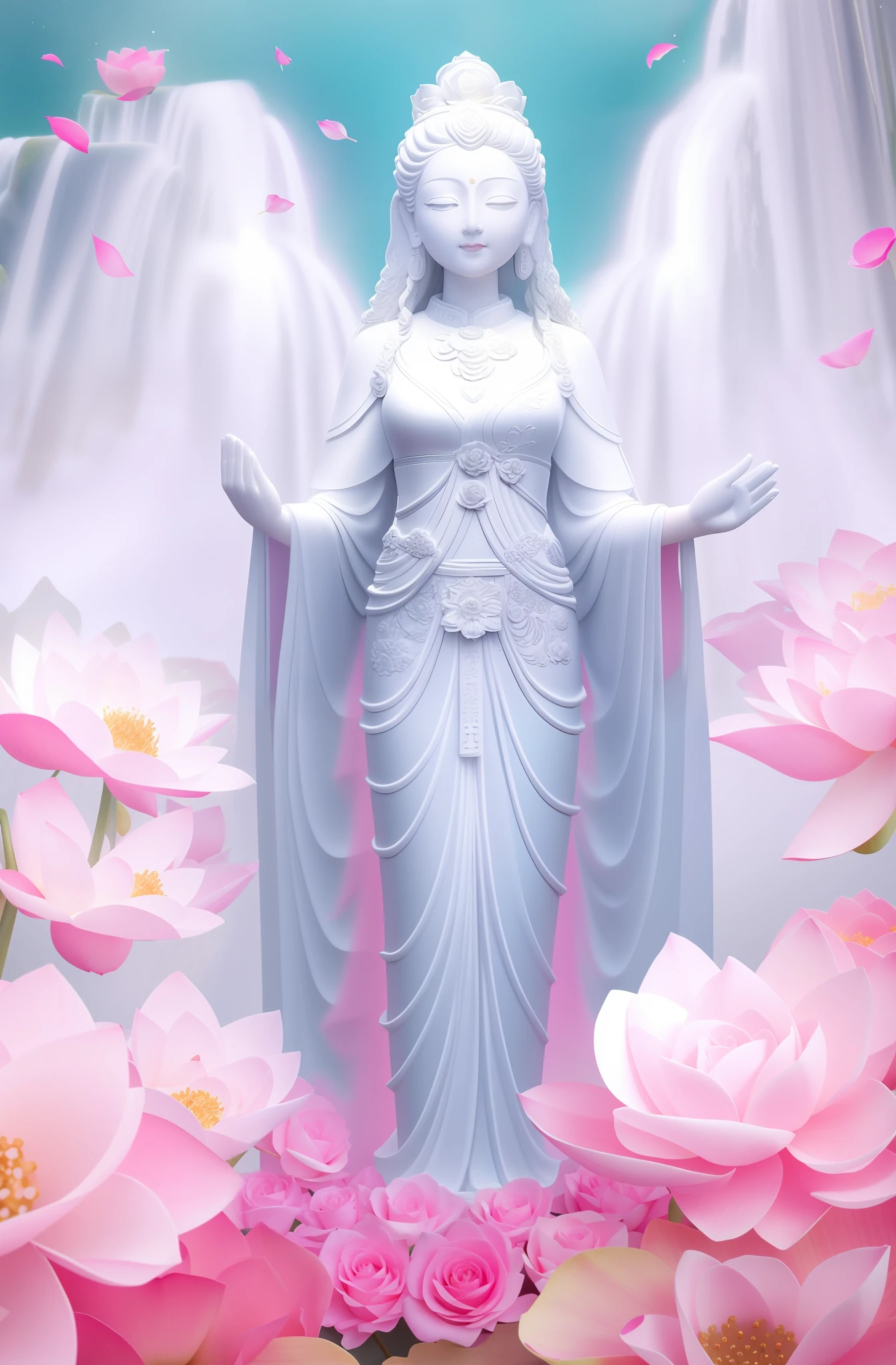 Guanyin standing on a lotus seat, Guanyin Bodhisattva, Guanyin Bodhisattva, white as jade, rose red, many roses, waterfall like snowy mountains, pouring, light, sparkling, super high detail, real photo, intricate detail, perfect composition, beautiful details complex, 8 k HD