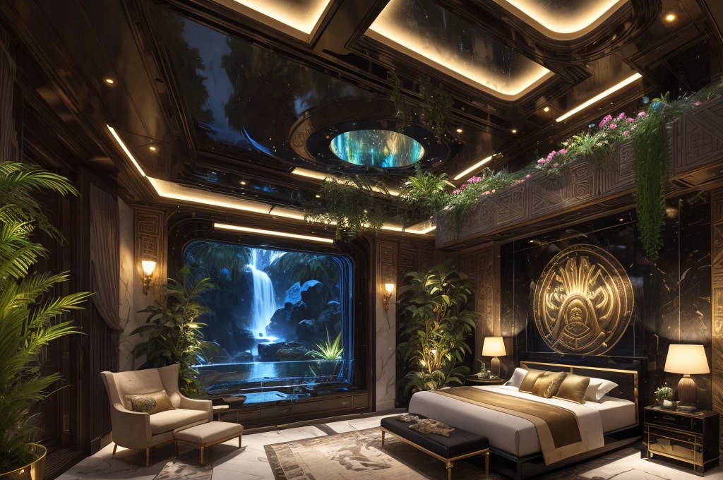 incredible luxurious futuristic bedroom interior in Ancient Egyptian style with many (((lush plants, gorgeous flowers))), (lotus flowers), ((palm trees)), rocky walls, ((sand)), ((waterfalls)) (marble), ((precious minerals)), ((metals)), (gemstones), crystals, clouds and ((water)), ((curvy luxury furniture)), crocodiles, (hieroglyphics), (((ultra luxury))), (black marble) – with ((beautiful lights)), Unreal Engine, HQ, 16k