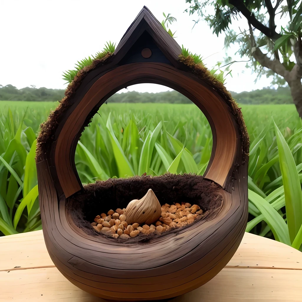 [ Anthill of sandalwood half ball] + [sunset weather after rain] + [ wood carved with Balinese peculiar overgrown with green and dark blue moss ] + [ picture shows nest as main object]