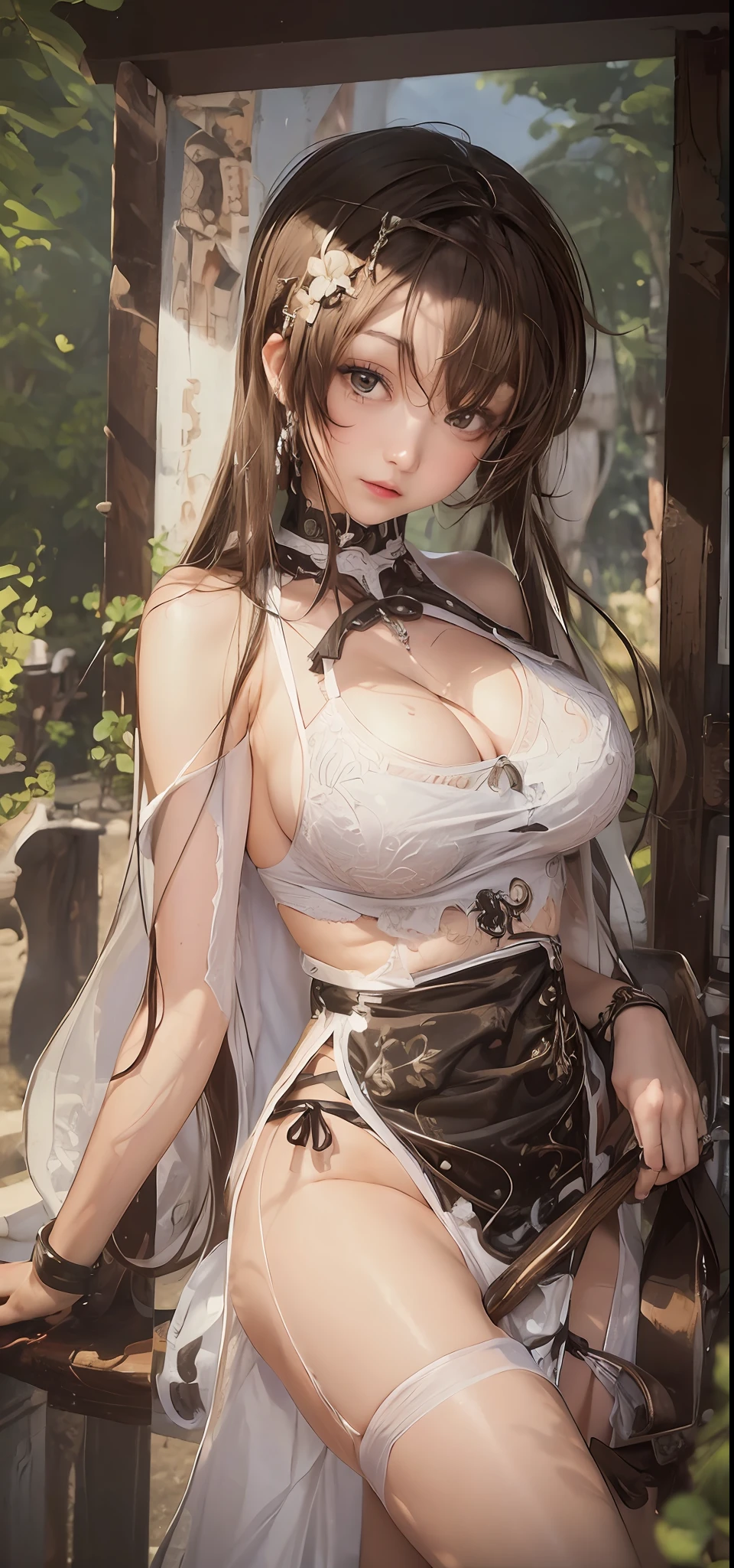 ((Best quality, 8k, Masterpiece :1.3)), A pretty woman with perfect figure :1.4, Slender abs :1.3,white lace, ((Dark brown hair, Big breasts :1.2)), Summer outfit, Lying on hammock, Hammock, At the beach:1.2, Highly detailed face and skin texture, Detailed eyes, Double eyelid, upskirt:1.5, underboob:1.5