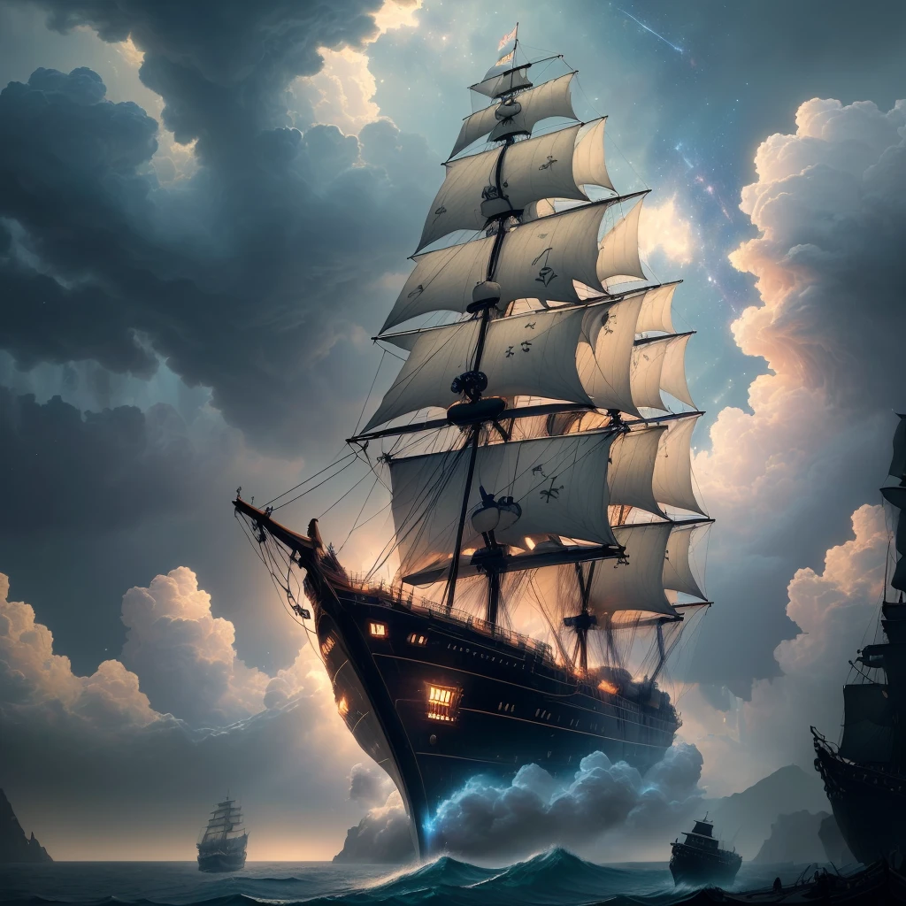(((8k, RAW photo, Best Quality, Masterpiece: 1.4))), Ultra High Resolution, Ultra Detailed, Illustration, Close Up, Environment Only, (Huge Ship Flying in the Clouds), Huge Sail, (Pirate Ship) , skull flag, dilapidated, battle damaged, desolate, starry sky, future, imagination, outdoors, starry