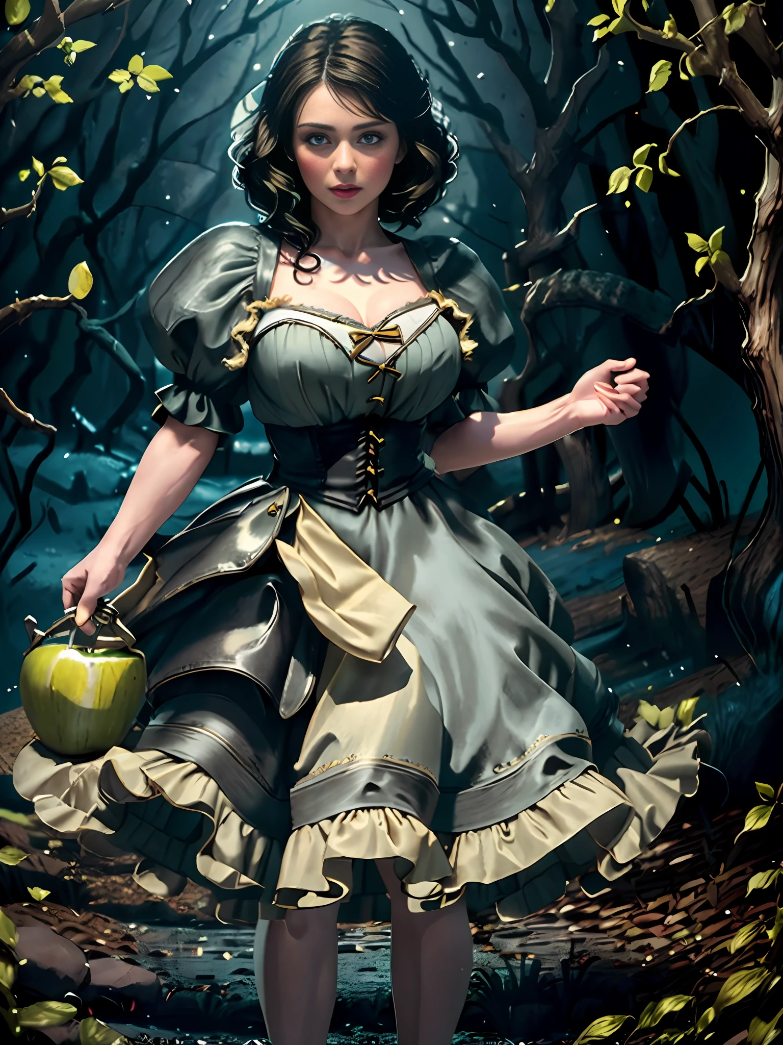 extremely beautiful snow white, subtle makeup, golden hour, photorealistic, high contrast, 8k HD, detailed, hyper-detailed, (curly bob short dark hair), realistic skin texture, large breast, best quality, ultra high res, raw photo, dramatic lighting, unreal engine, diffuse glow, (blue puffy sleeves top:1.1) , yellow skirt:1.1), (grabbing a toxic green poison apple), realistic detailed castle, fair maiden, romance, magic and witches, dark tales