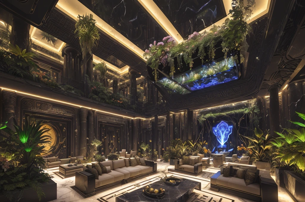 incredible luxurious futuristic interior in Ancient Egyptian style with many (((lush plants, gorgeous flowers))), (lotus flowers), ((palm trees)), rocky walls, ((sand)), ((waterfalls)) (marble), ((precious minerals)), ((metals)), (gemstones), crystals, clouds and ((water)), futuristic luxury furniture, crocodiles, (hieroglyphics), (((ultra luxury))), (black marble) – with ((beautiful lights)), Unreal Engine, HQ, 16k