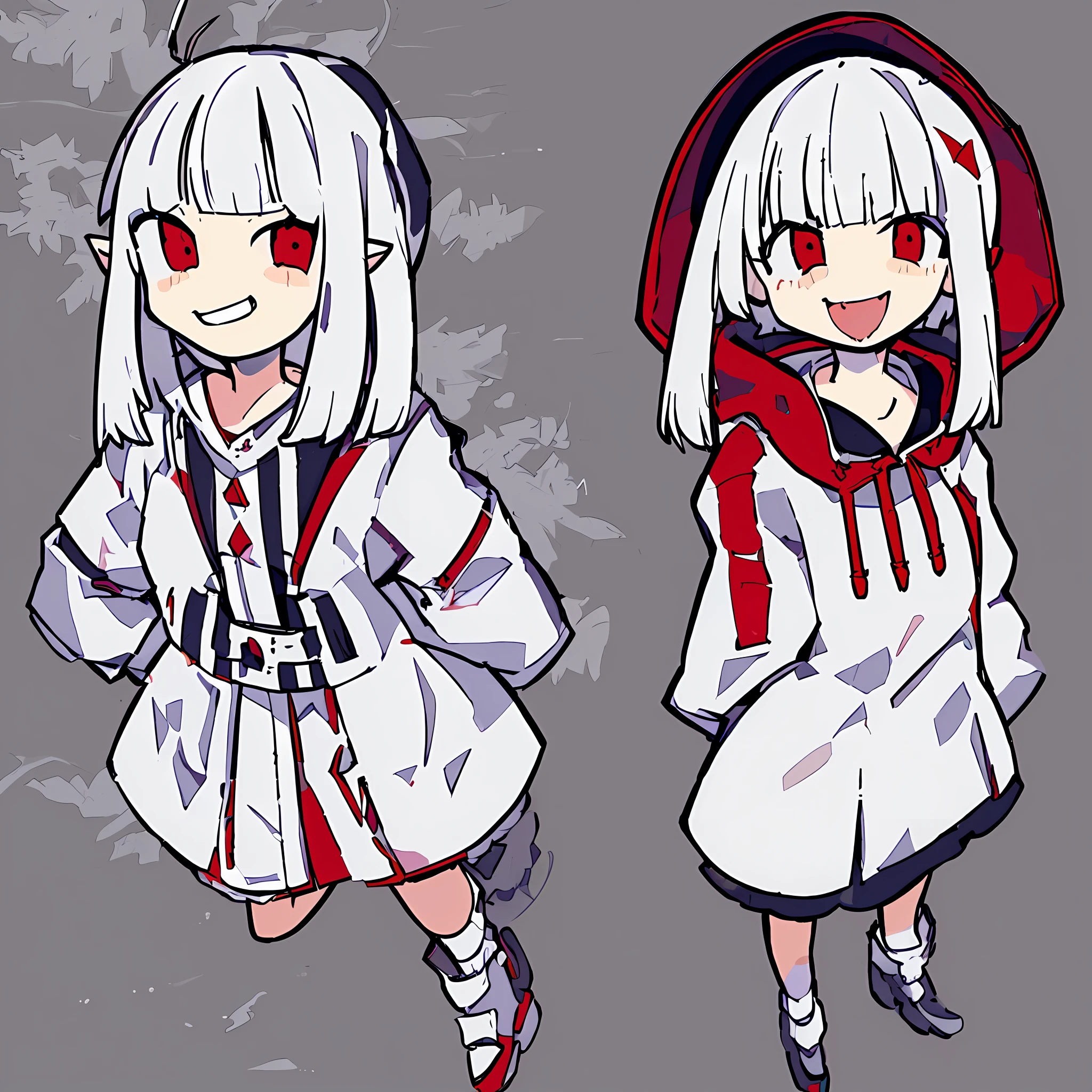1girl, white hair, bangs, blunt bangs, vampire, frilled skirt, red windbreaker, modern windbreaker, modern, modern outfit, Columbia Women's Switchback III Jacket, hood down, pointy ears, looking at viewer, smile, solo, amused expression, smug, thigh-highs, red eyes, full body, simple background, white background, anime, (((modern day))), reference sheet, UHD, best quality