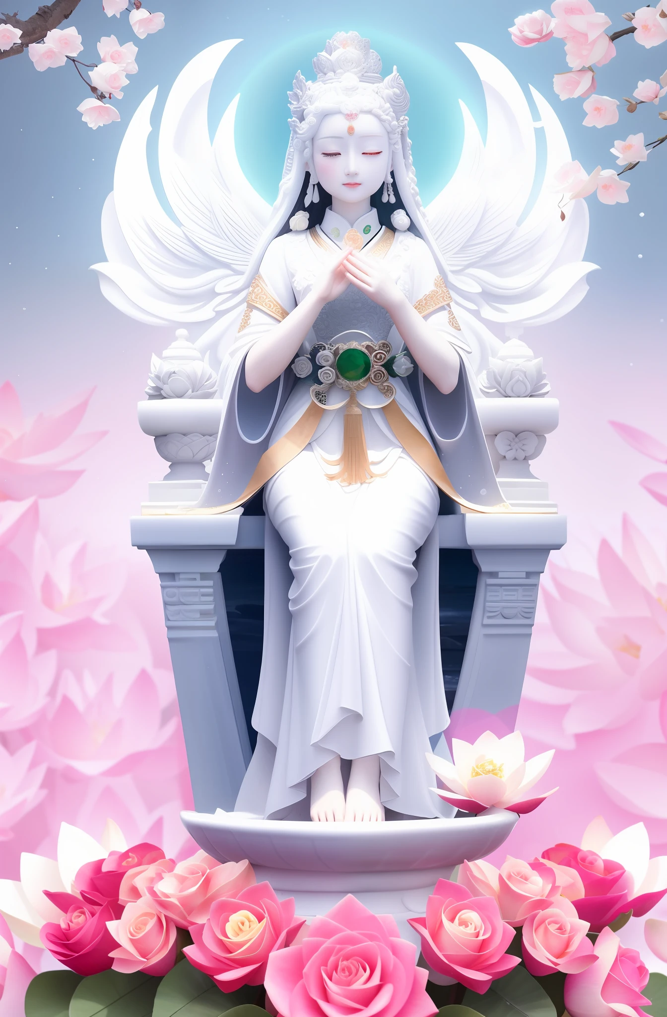 Guanyin standing on a lotus seat, Guanyin Bodhisattva, Guanyin Bodhisattva, white as jade, rose red, many roses, waterfall like snowy mountains, pouring, light, sparkling, super high detail, real photo, intricate detail, perfect composition, beautiful details complex, 8 k HD
