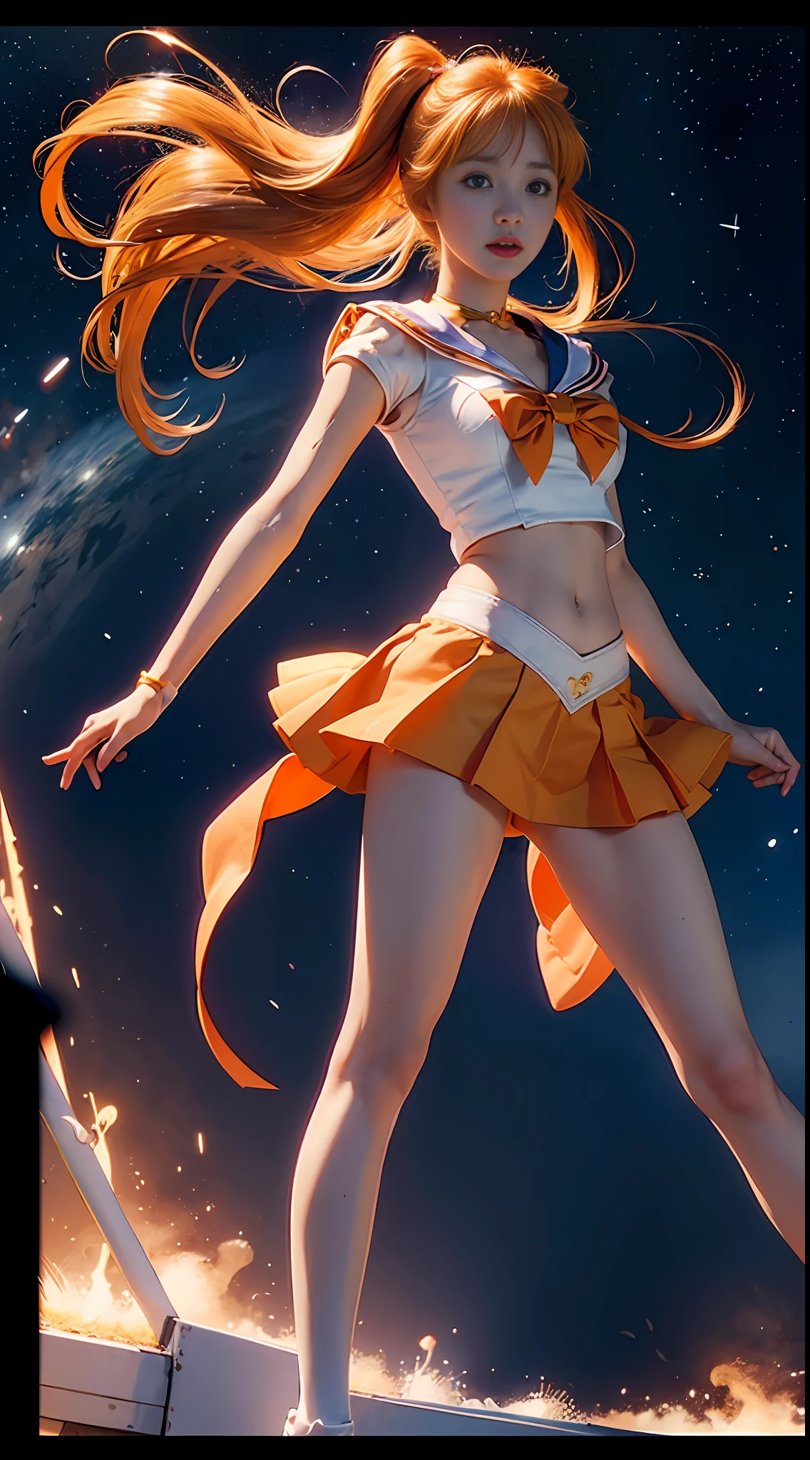 (sailor venus Aino Minako) Best quality, ultra-high resolution, masterpiece, (Realisticity: 1.6), 16K, (1girl with open navel), white stockings, full body shot, life scene