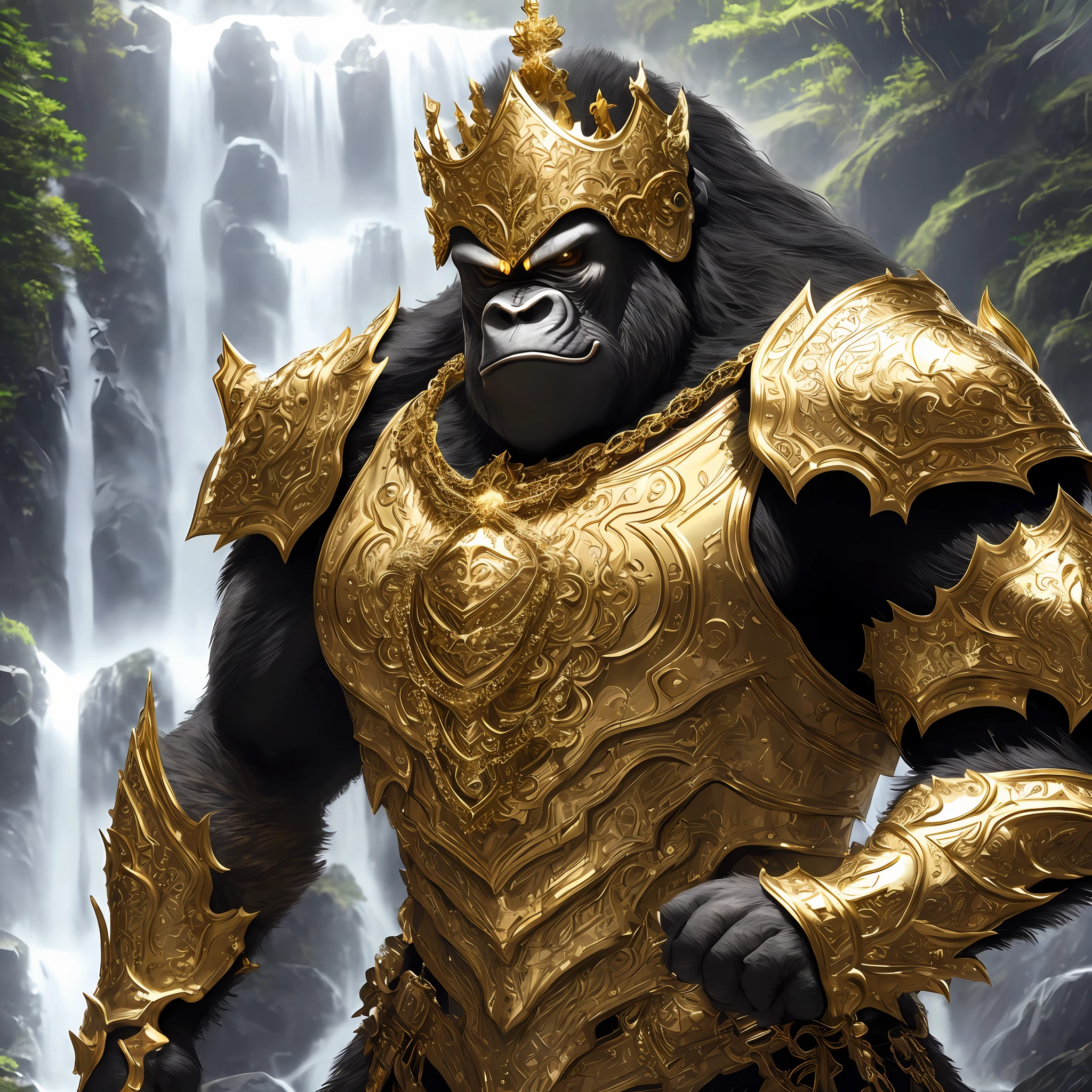 King Kong wearing intricate body armor, filigree, gold plated, splashing through a waterfall, dappled lighting, intricate detail, highest quality possible, 8k