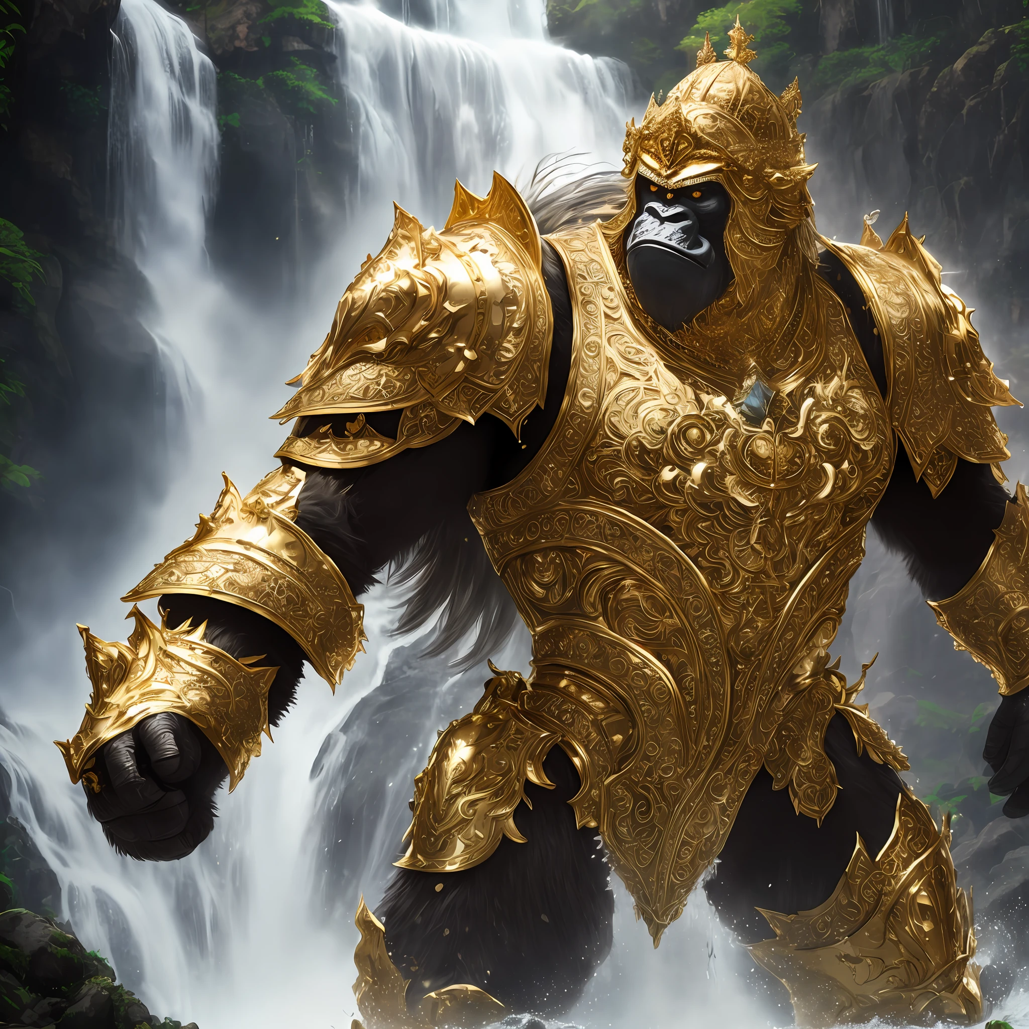 King Kong wearing intricate body armor, filigree, gold plated, splashing through a waterfall, dappled lighting, intricate detail, highest quality possible, 8k