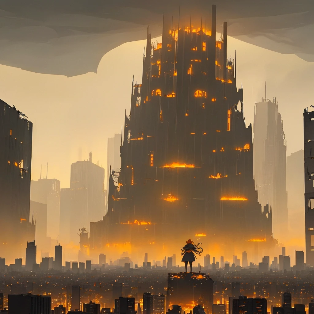 "A menacing giantess towers over a destroyed city, as we see a wide shot of the yellow-orange hued skyline. Ominous clouds loom above, adding to the foreboding mood."
