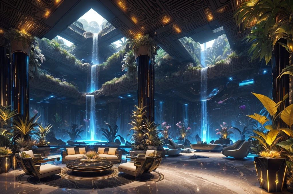 incredible luxurious futuristic interior in Ancient Egyptian style with many (((lush plants, gorgeous flowers))), (lotus flowers), ((palm trees)), rocky walls, ((sand)), ((waterfalls)) (marble), ((precious minerals)), ((metals)), (gemstones), crystals, clouds and ((water)), (futuristic luxury furniture), crocodiles, (hieroglyphics), (((ultra luxury))), (black marble) – with ((beautiful lights)), Unreal Engine, HQ, 16k