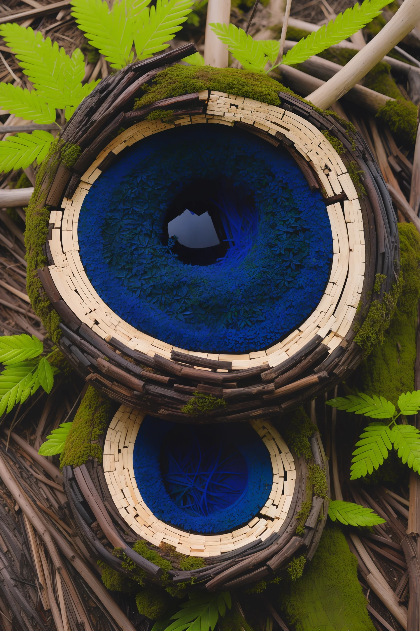 [ Anthill of sandalwood half ball] + [sunset weather after rain] + [ wood carved with Balinese peculiar overgrown with green and dark blue moss ] + [ picture shows nest as main object]