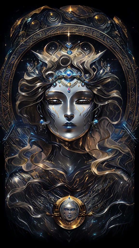 a close up of a metal sculpture of a woman with a moon in her hair, goddess. extremely high detail, 3 d goddess portrait, extremely detailed goddess shot, a stunning portrait of a goddess, goddess portrait, portrait of a beautiful goddess, goddess close-up portrait, hecate goddess, portrait of a norse moon goddess, goddess of space and time