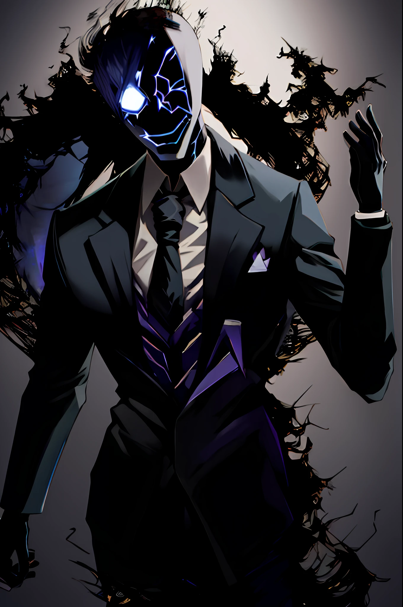 1boy, solo, kurofuku, necktie, male focus, black suit, black pants, cowboy shot, flock of crows