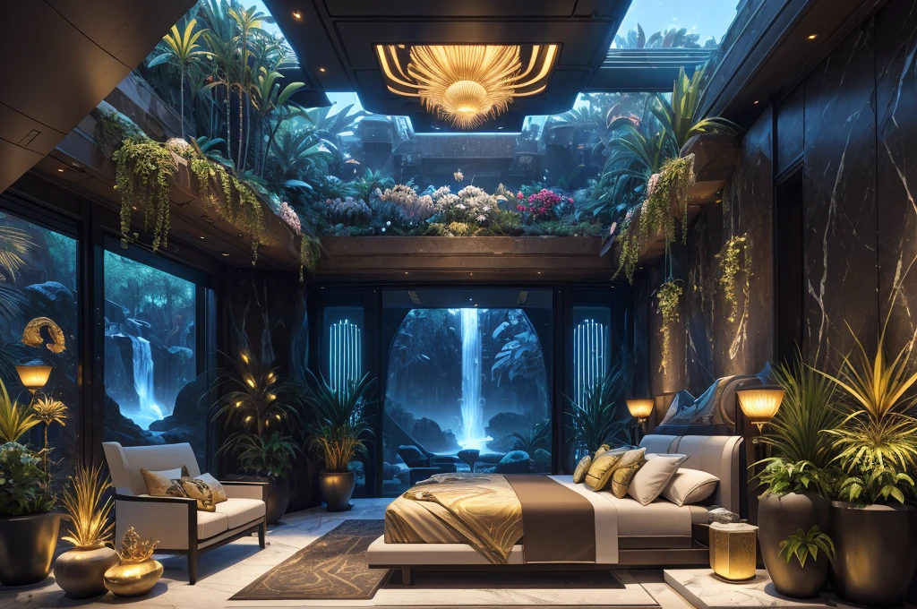 incredible luxurious futuristic bedroom interior in Ancient Egyptian style with many (((lush plants, gorgeous flowers))), (lotus flowers), ((palm trees)), rocky walls, ((sand)), ((waterfalls)) (marble), ((precious minerals)), ((metals)), (gemstones), crystals, clouds and ((water)), (futuristic luxury furniture), crocodiles, (hieroglyphics), (((ultra luxury))), (black marble) – with ((beautiful lights)), Unreal Engine, HQ, 16k