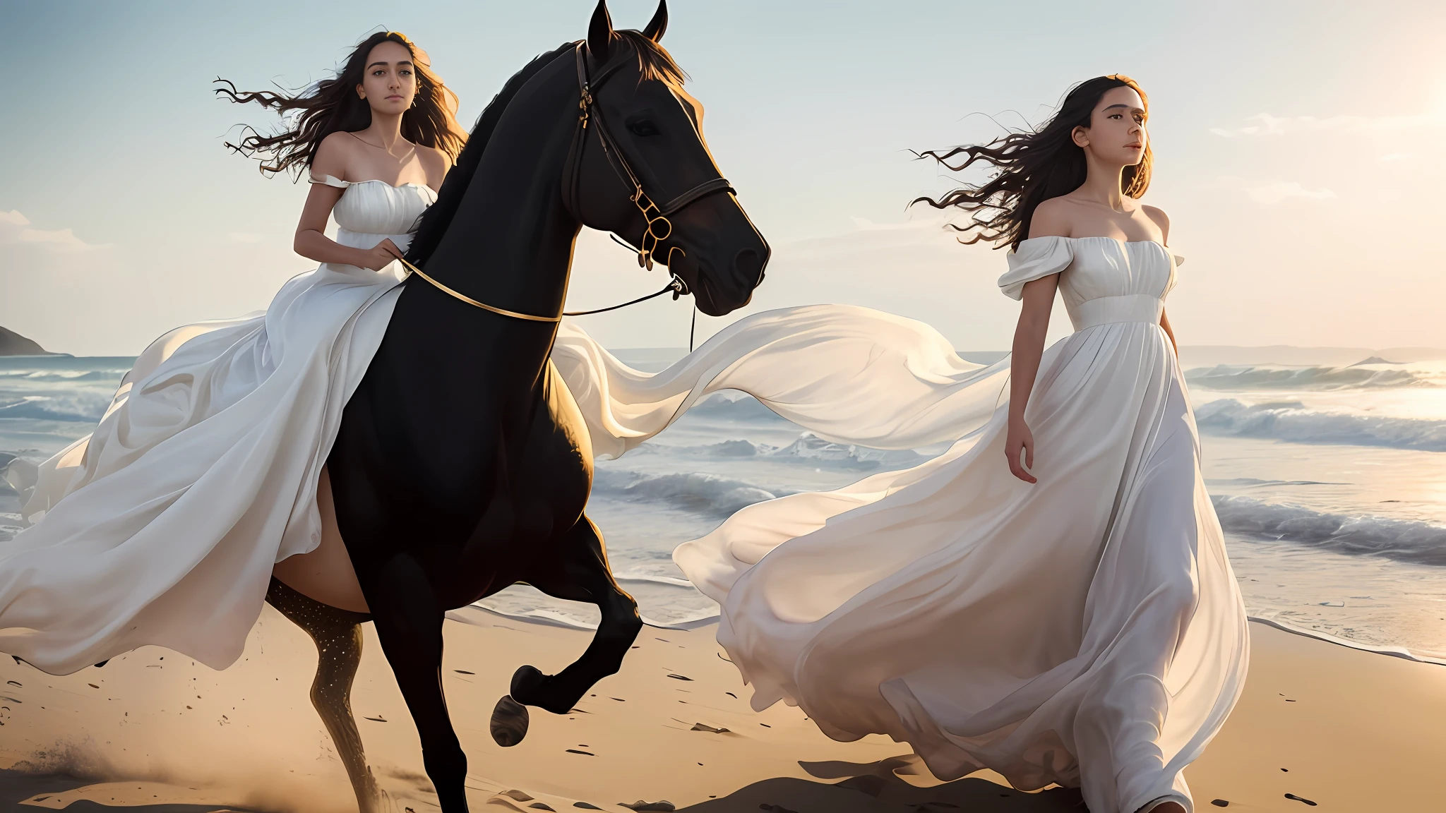 Epic movie poster, proffesional photo,
a beautiful woman , in a long white dress of silk, raiding a black horse, on beach,
professional digital art, professional lighting, dramatic lighting, high resolution, 8k, ultra high definition, HDRI, golden hour,
analog style, modelshoot style,
rcnz_hqr style
