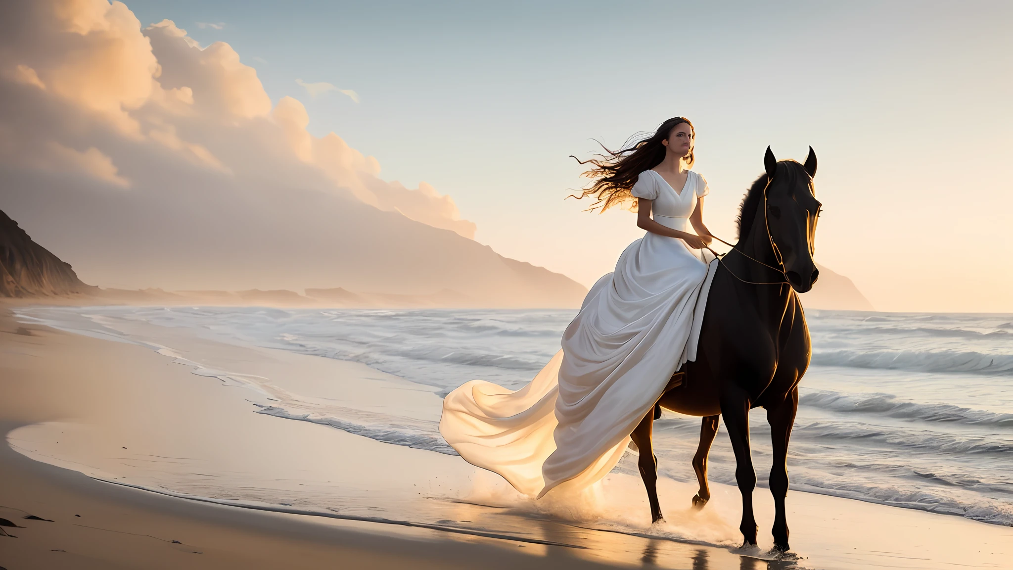 Epic movie poster, proffesional photo,
a beautiful woman , in a long white dress of silk, raiding a black horse, on beach,
professional digital art, professional lighting, dramatic lighting, high resolution, 8k, ultra high definition, HDRI, golden hour,
analog style, modelshoot style,
rcnz_hqr style