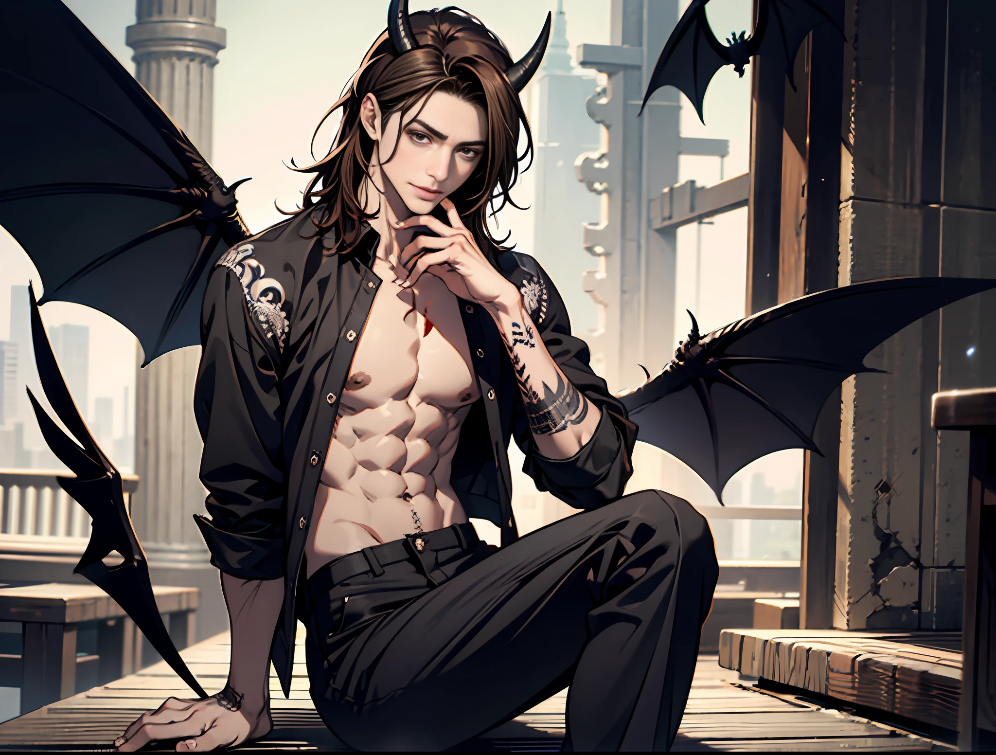 8k, 8k high quality, stand alone, Man sitting on porch, muscular, shirt, topless, big boobs, woman's breasts, brown hair, red eyes, winged, black way, overcast background, horned, devilish, perfect, highly detailed , detailed hand , Serious facial expression, swollen pants, arm tattoo, blood tattoo, 1 hand behind, licking lips, 1 hand touching chest, full body photo, tall , young, sexy, scary, gloomy ,Big wings, devil way,uncensored, 8k uhd, (hyper realistic), (photo realistic), (masterpiece), (best quality), (1boy), (solo), (erotic:1.2), (finely detailed face),(highres:1.4), (intricate details:1.4), RAW, best quality, ultra res, photorealistic, high resolution skin texture , (ulzzang-6500-v1:0.4), (PureErosFace_V1:0.1)(RAW photo, best quality), (realistic, photo-realistic:1.3), stand alone, Man sitting on porch, muscular, shirt, topless, big boobs, woman's breasts, brown hair, red eyes, winged, black way, overcast background, horned, devilish, perfect, highly detailed , detailed hand , Serious facial expression, swollen pants, arm tattoo, blood tattoo, 1 hand behind, licking lips, 1 hand touching chest, full body photo, tall , young, sexy, scary, gloomy ,Dark cave background, bats, blood, snakes,
